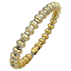 Two-Tone 18 Karat Gold Flexible Ridged Cuff Bracelet with Pavé Diamonds 