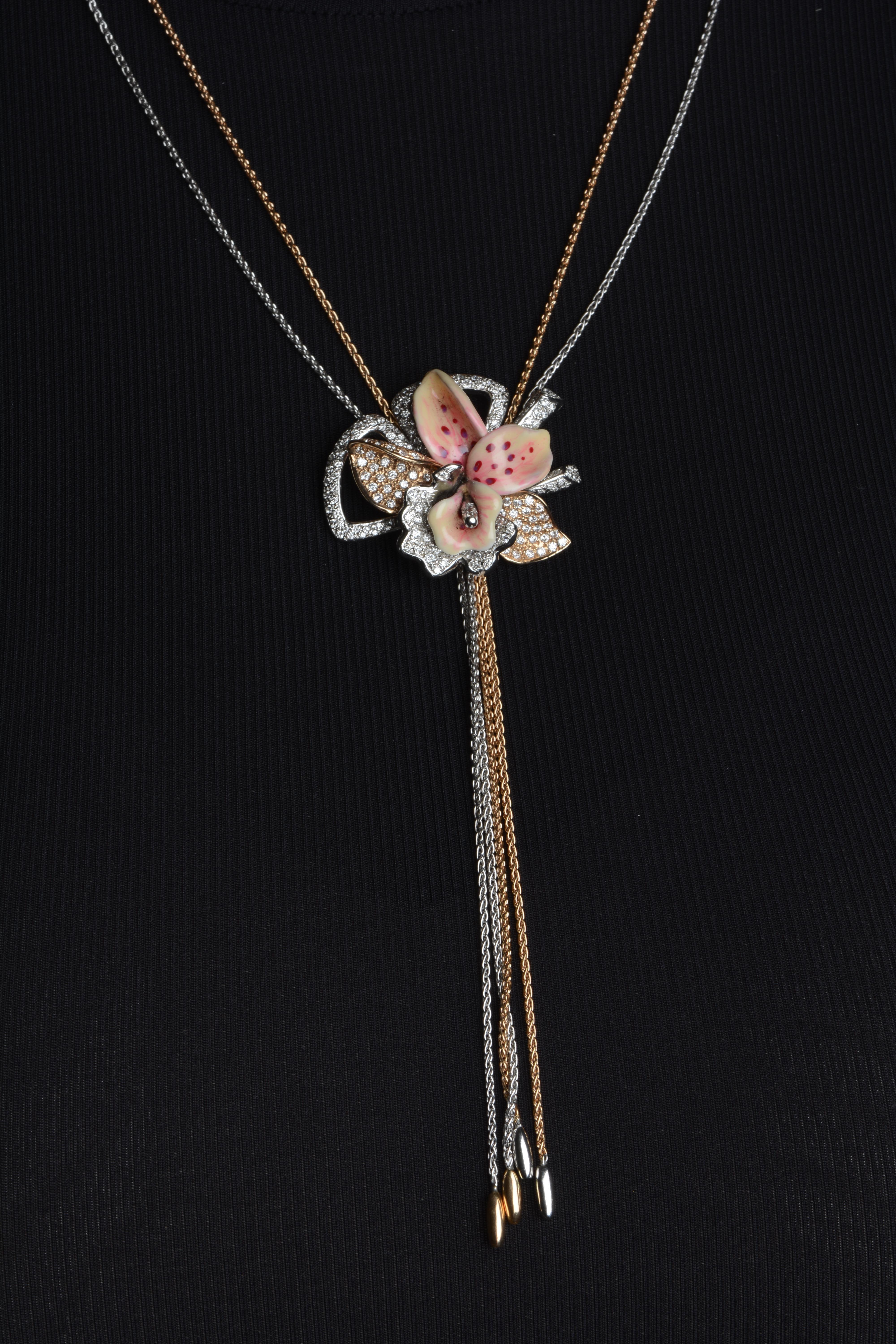 Modern Two-Tone 18 Karat Gold Floral Diamond and Enamel Chain Pendant For Sale