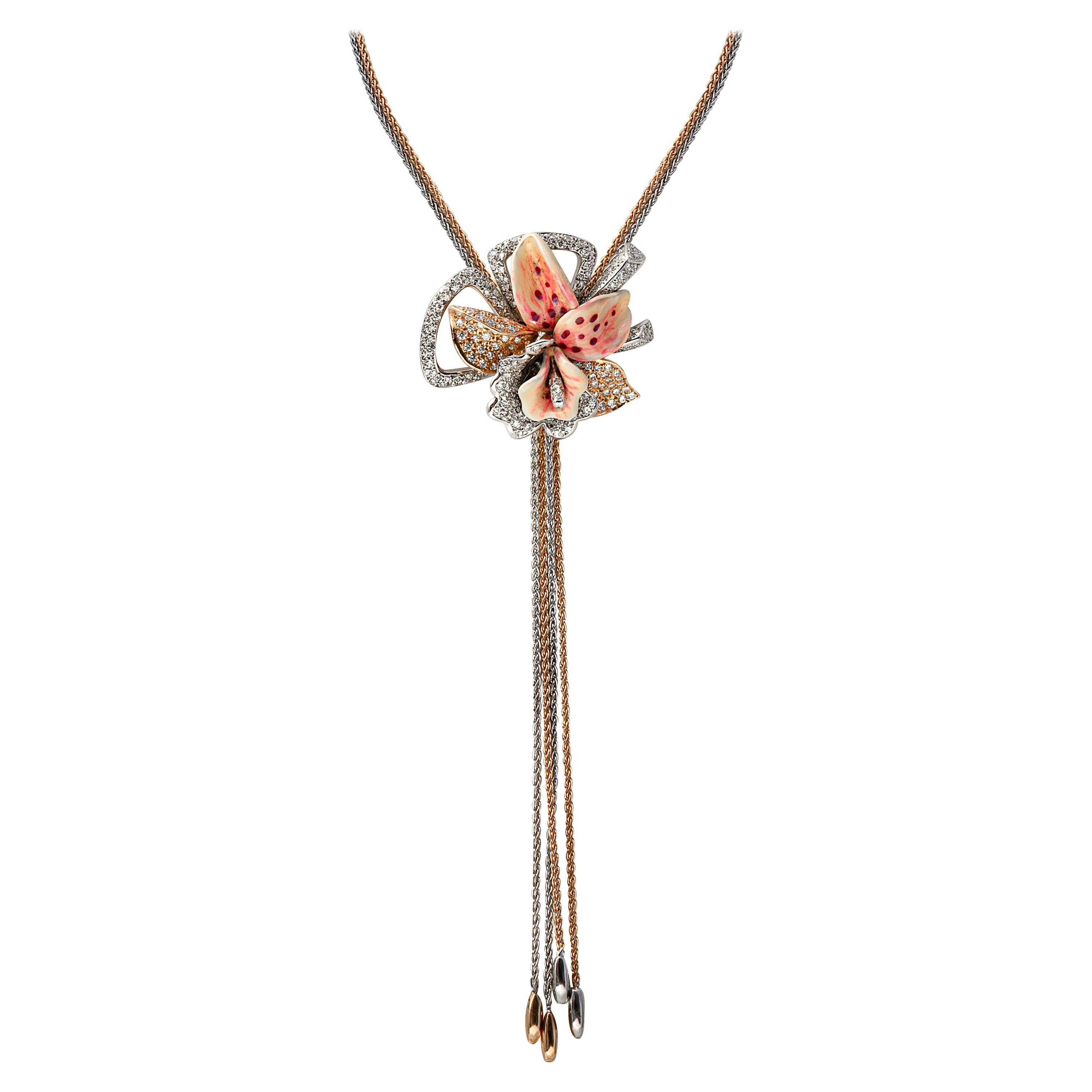 Two-Tone 18 Karat Gold Floral Diamond and Enamel Chain Pendant For Sale