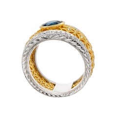 Two-Tone 18 Karat Gold Italian Diamond Ring with Blue Sapphire Center Stone