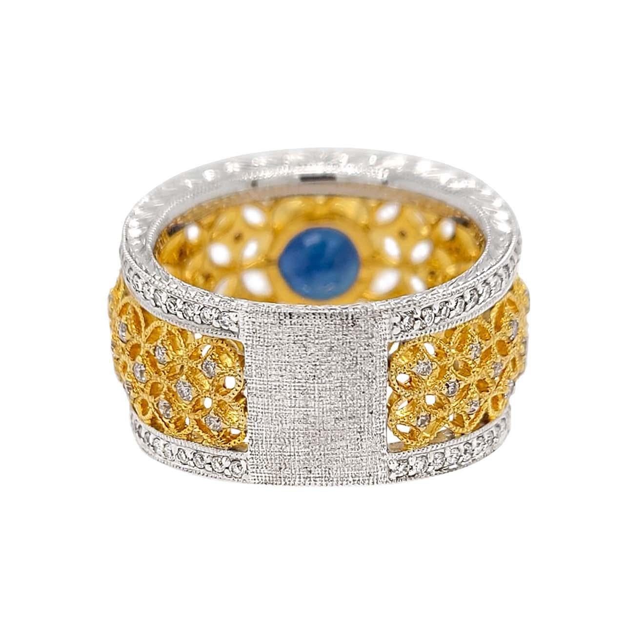Artisan Two-Tone 18 Karat Gold Italian Diamond Ring with Blue Sapphire Center Stone For Sale