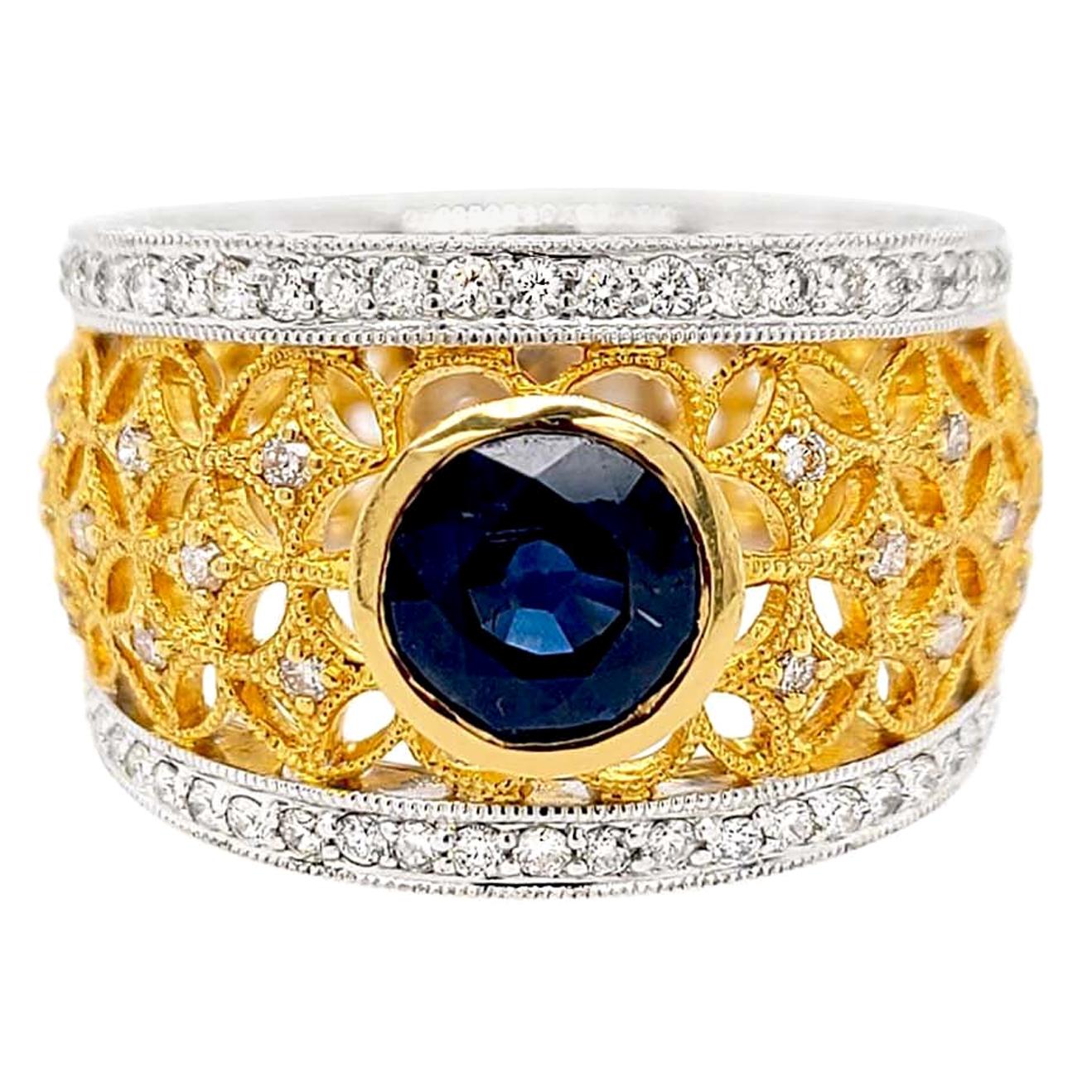 Two-Tone 18 Karat Gold Italian Diamond Ring with Blue Sapphire Center Stone For Sale