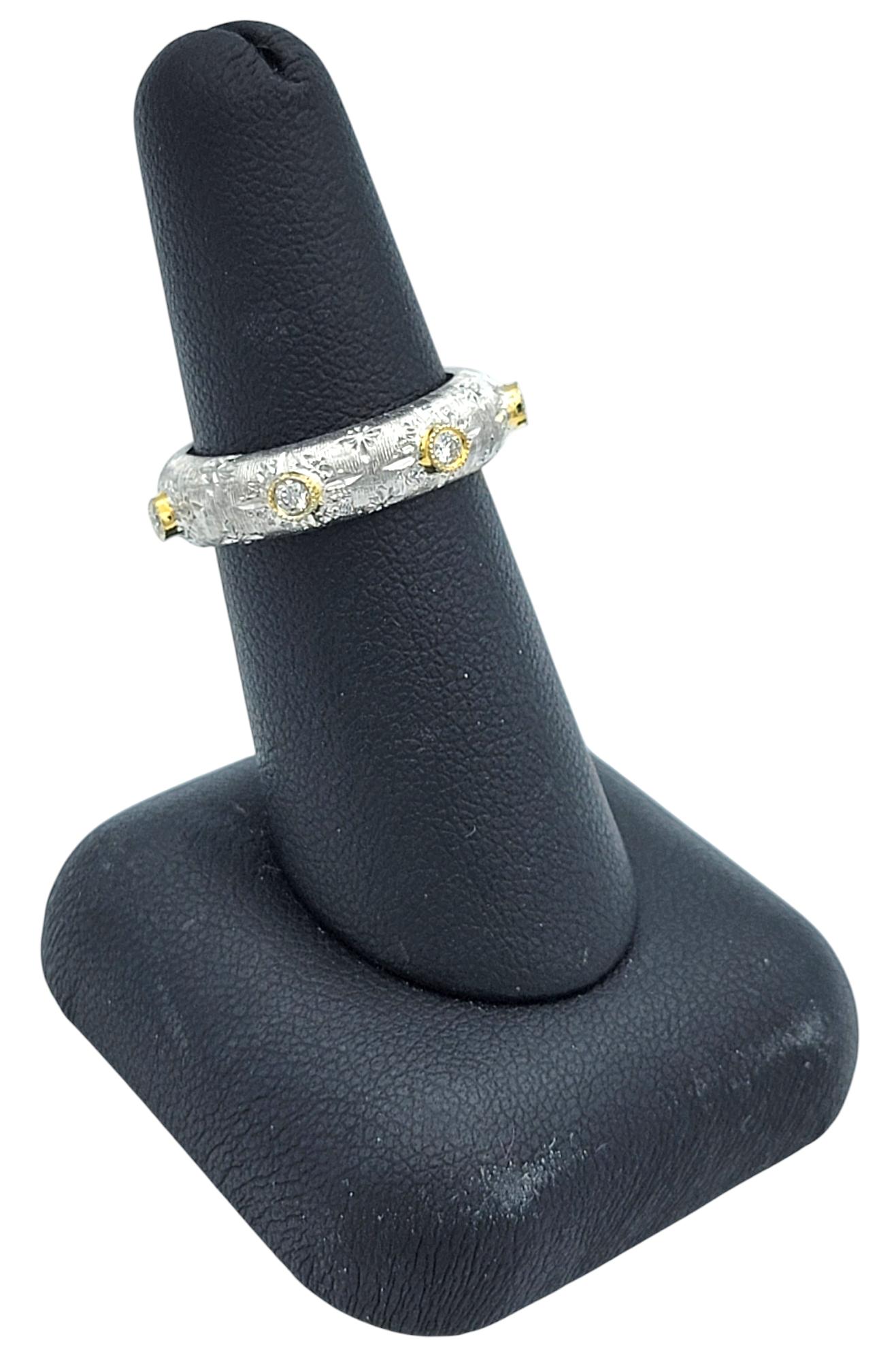 Two-Tone 18 Karat Gold Wire Brush Finish Band Ring with Bezel Set Diamonds For Sale 4