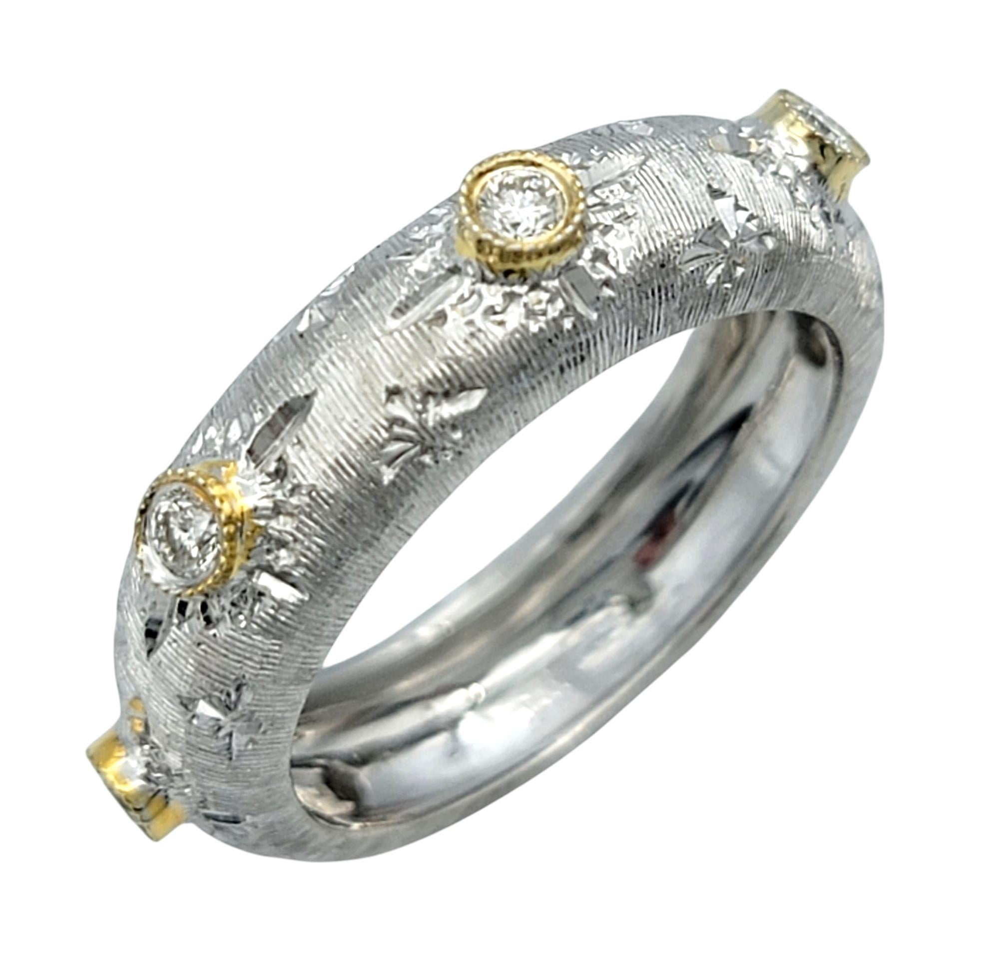 Ring Size: 7

This exquisite 18 karat white and yellow gold diamond band offers a modern yet timeless elegance, perfect for those who appreciate refined craftsmanship. The band features a unique wire-brush finish that gives it a sophisticated