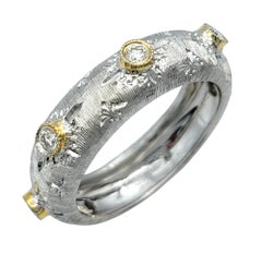 Two-Tone 18 Karat Gold Wire Brush Finish Band Ring with Bezel Set Diamonds
