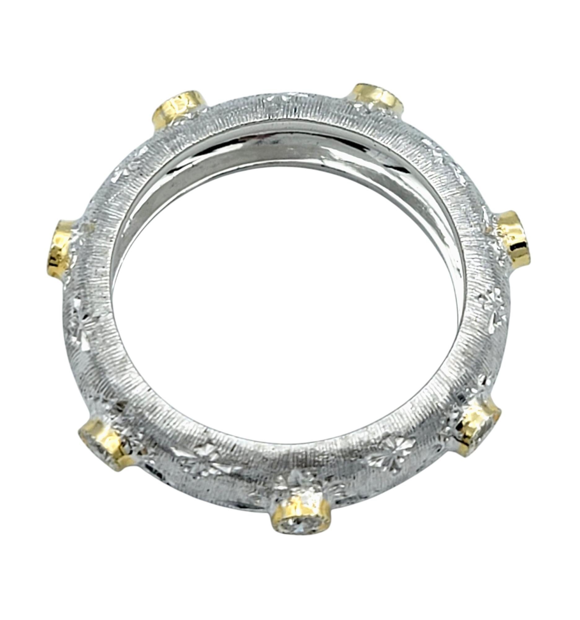 Round Cut Two-Tone 18 Karat Gold Wire Brush Finish Band Ring with Bezel Set Diamonds For Sale