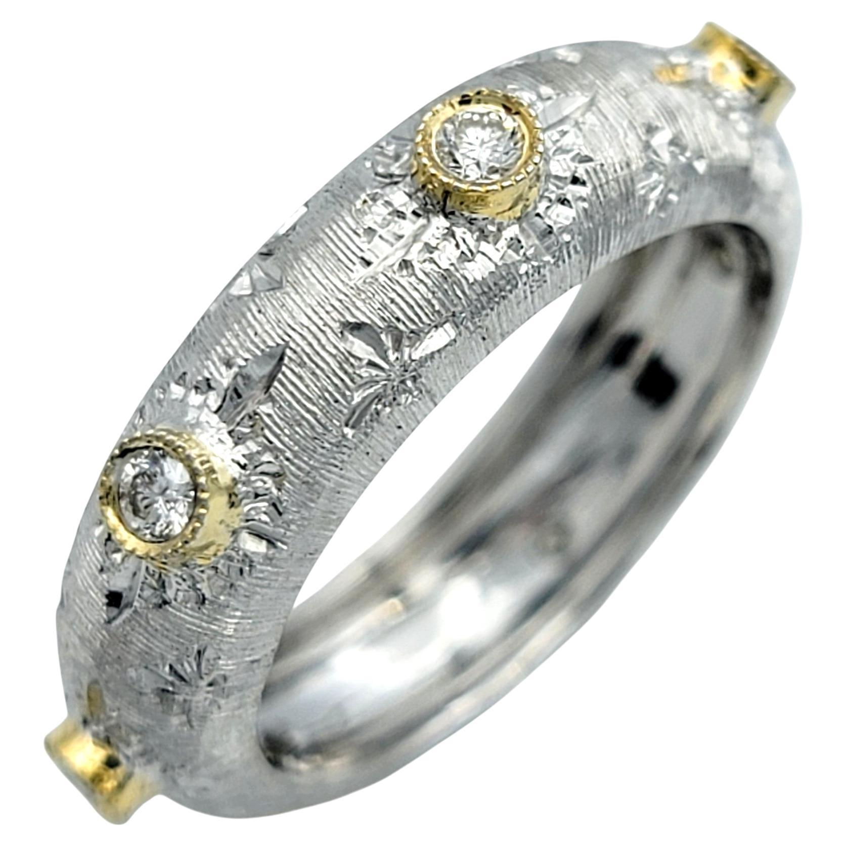 Two-Tone 18 Karat Gold Wire Brush Finish Band Ring with Bezel Set Diamonds In Good Condition For Sale In Scottsdale, AZ