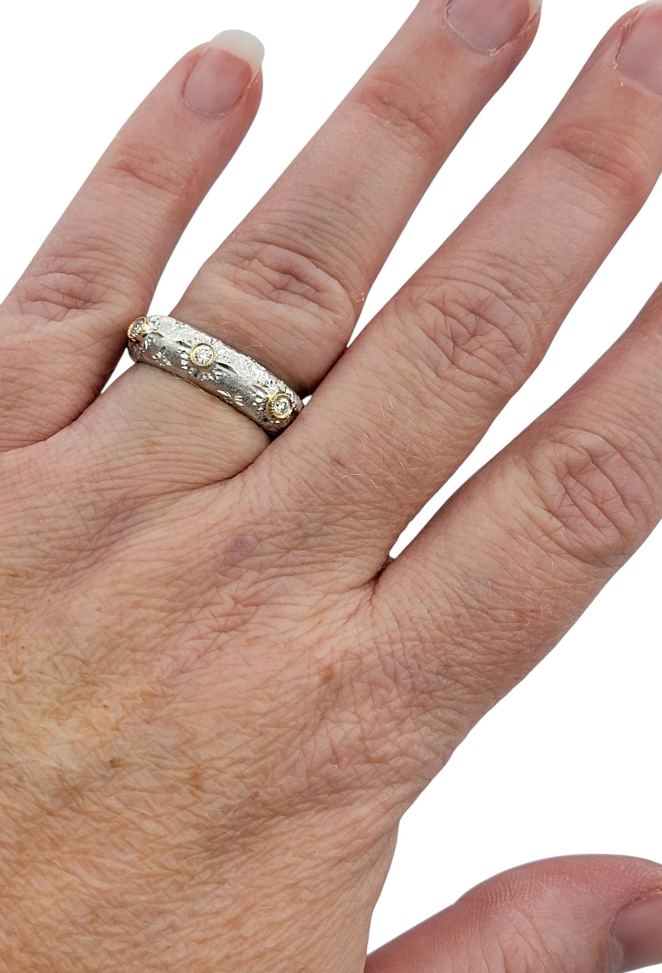 Two-Tone 18 Karat Gold Wire Brush Finish Band Ring with Bezel Set Diamonds For Sale 1
