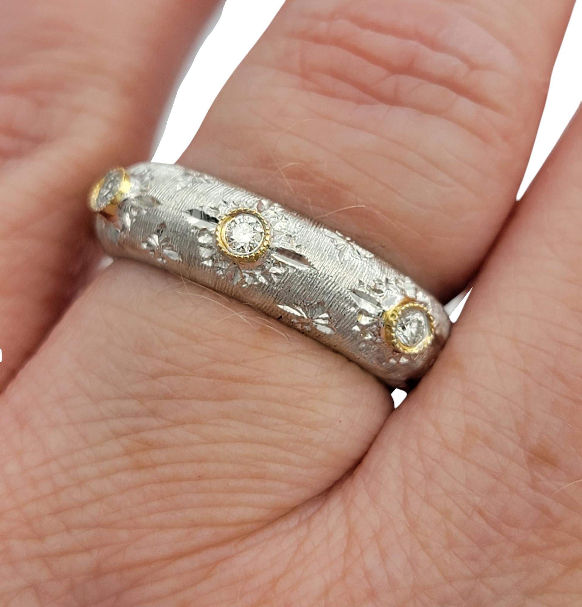 Two-Tone 18 Karat Gold Wire Brush Finish Band Ring with Bezel Set Diamonds For Sale 2