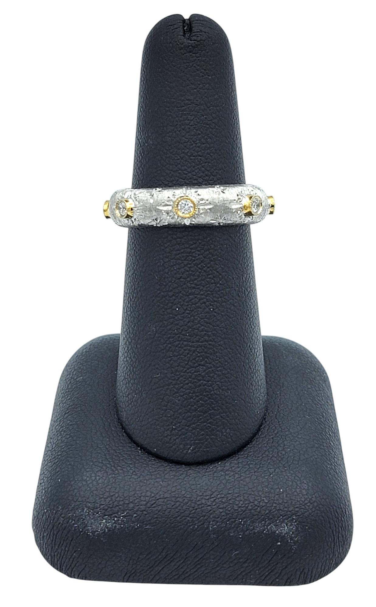 Two-Tone 18 Karat Gold Wire Brush Finish Band Ring with Bezel Set Diamonds For Sale 3