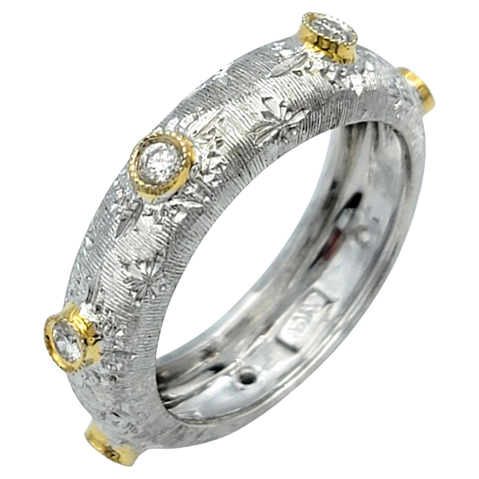 Two-Tone 18 Karat Gold Wire Brush Finish Band Ring with Bezel Set Diamonds For Sale
