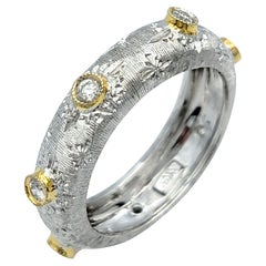 Two-Tone 18 Karat Gold Wire Brush Finish Band Ring with Bezel Set Diamonds