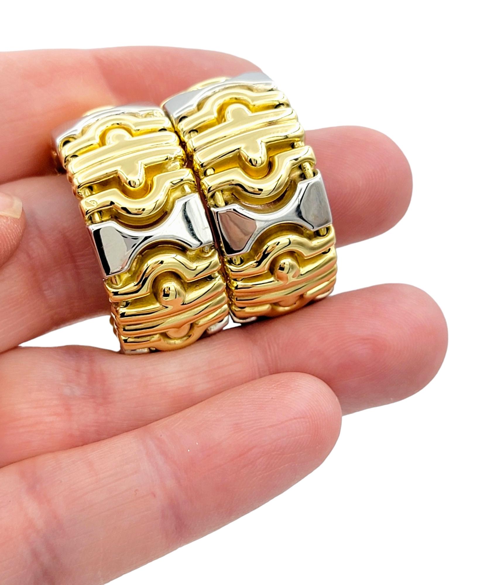 Two-Tone 18 Karat Yellow and White Gold Chunky Ridged Hooped Earrings  For Sale 5