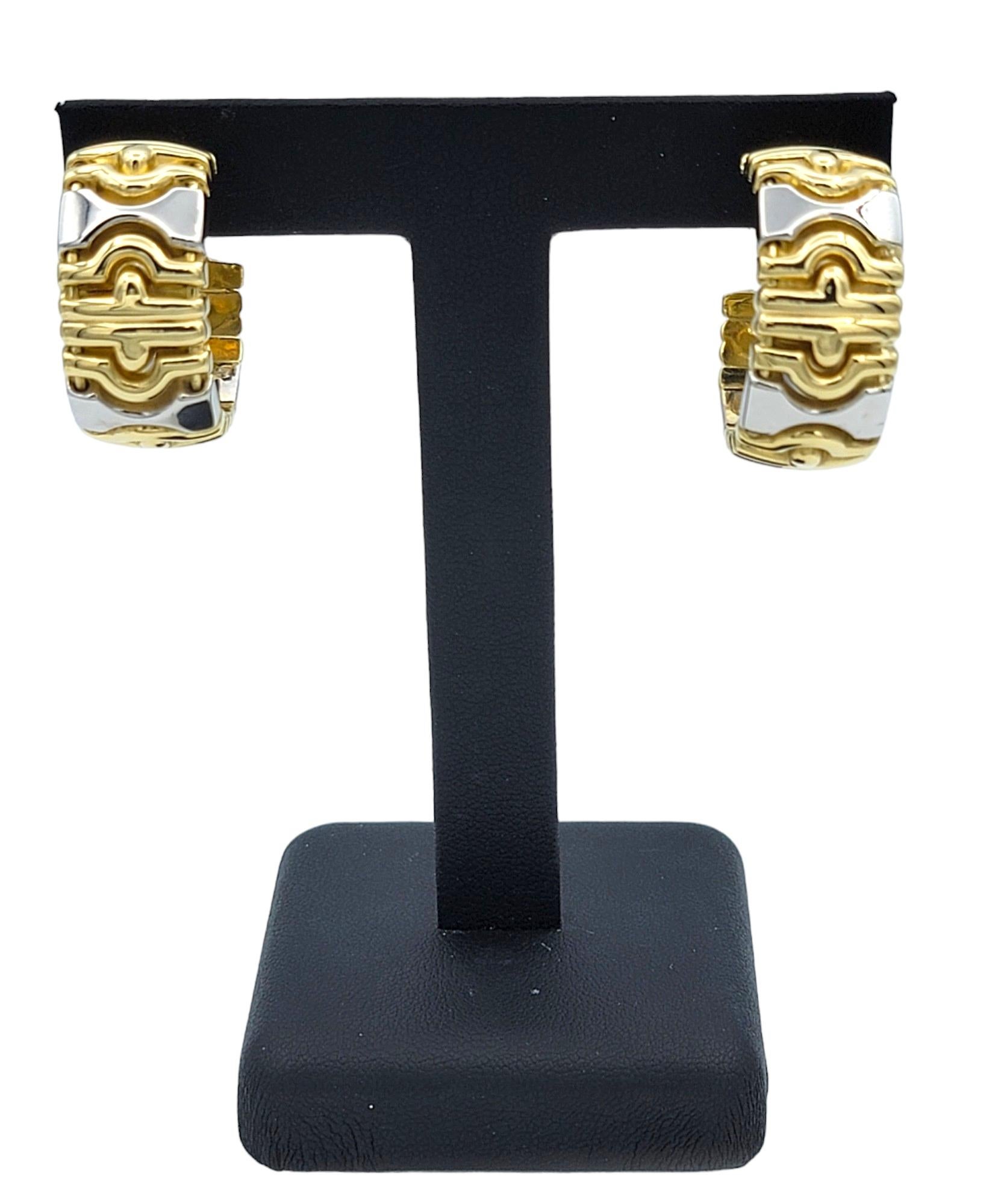 Two-Tone 18 Karat Yellow and White Gold Chunky Ridged Hooped Earrings  For Sale 6