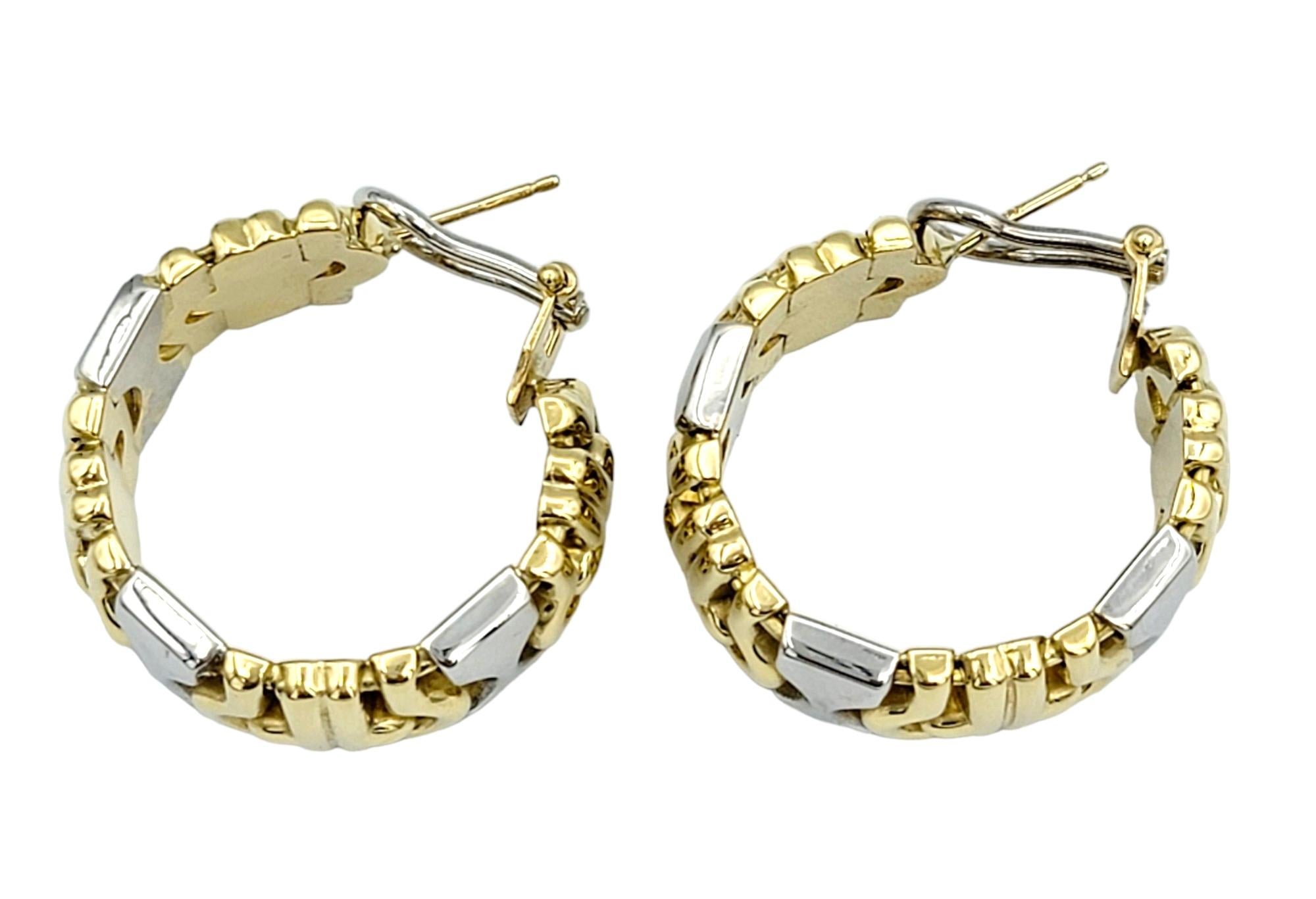 Women's or Men's Two-Tone 18 Karat Yellow and White Gold Chunky Ridged Hooped Earrings  For Sale