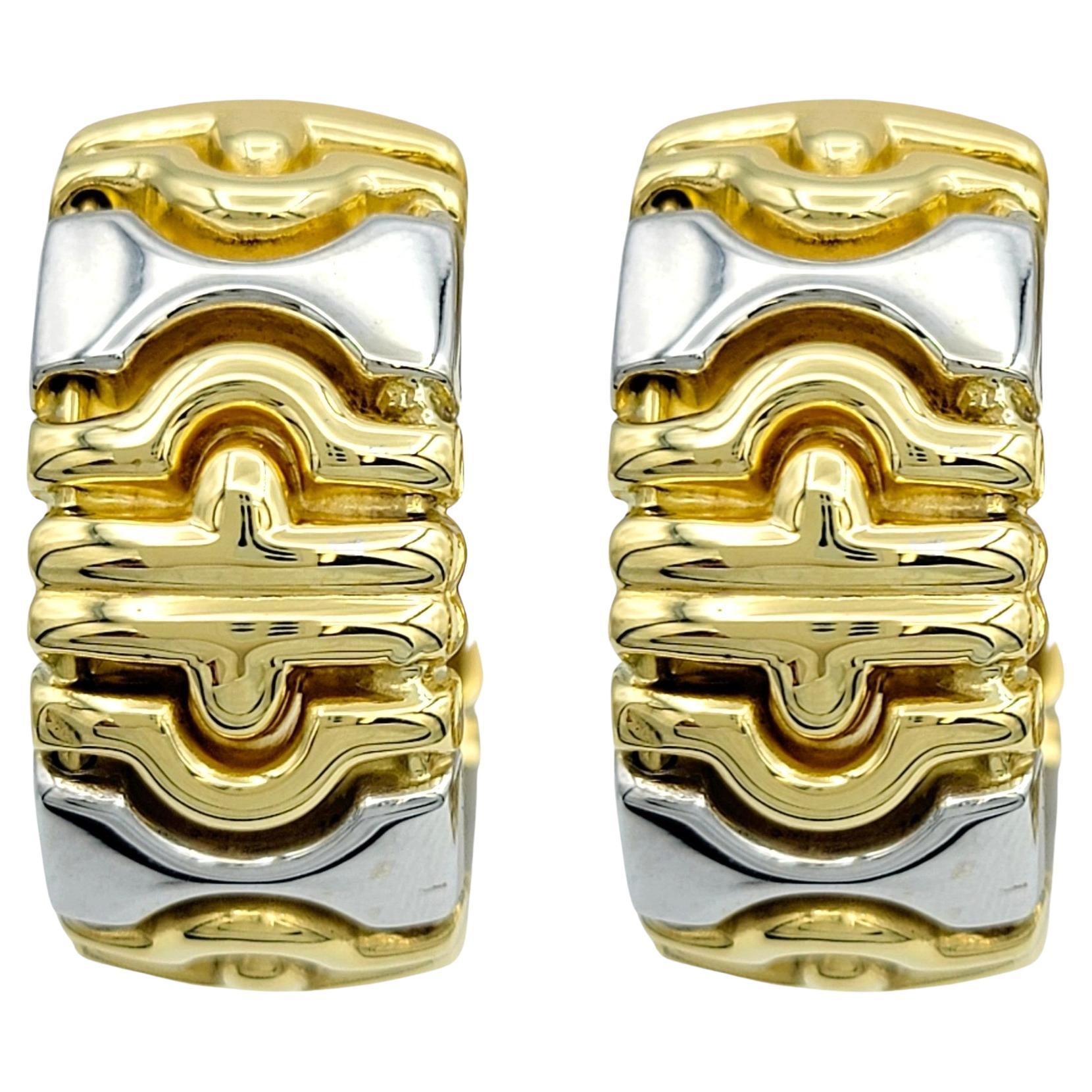 Two-Tone 18 Karat Yellow and White Gold Chunky Ridged Hooped Earrings  For Sale