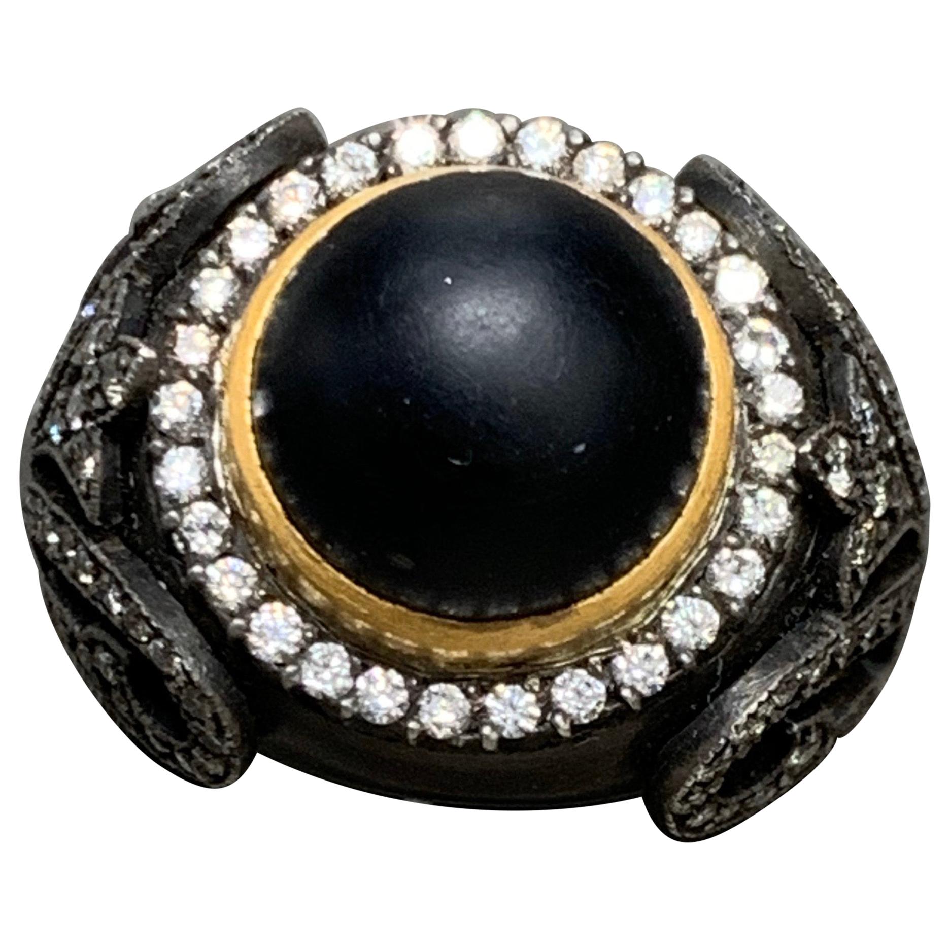 Cabochon Black Onyx, White Diamond Ring For Sale