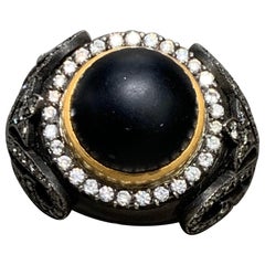 Cabochon Black Onyx, White Diamond Ring