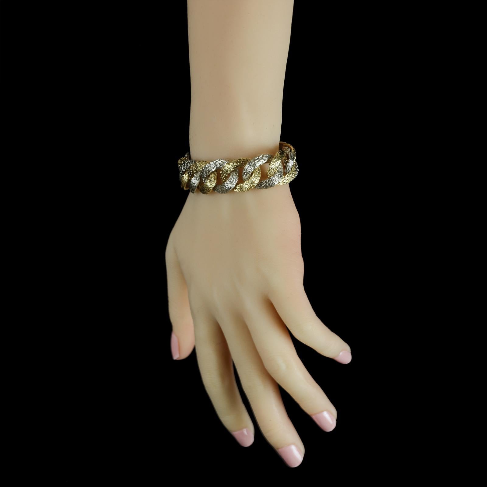 Two-Tone 18 Carat and White Gold Textured Link Bracelet, French, circa 1970s In Excellent Condition In London, GB