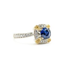 Zweifarbiger Halo-Ring aus 18 Karat Gold mit natürlichem blauem Saphir und Diamant
