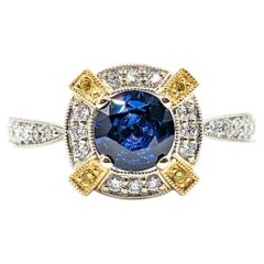Zweifarbiger Halo-Ring aus 18 Karat Gold mit natürlichem blauem Saphir und Diamant