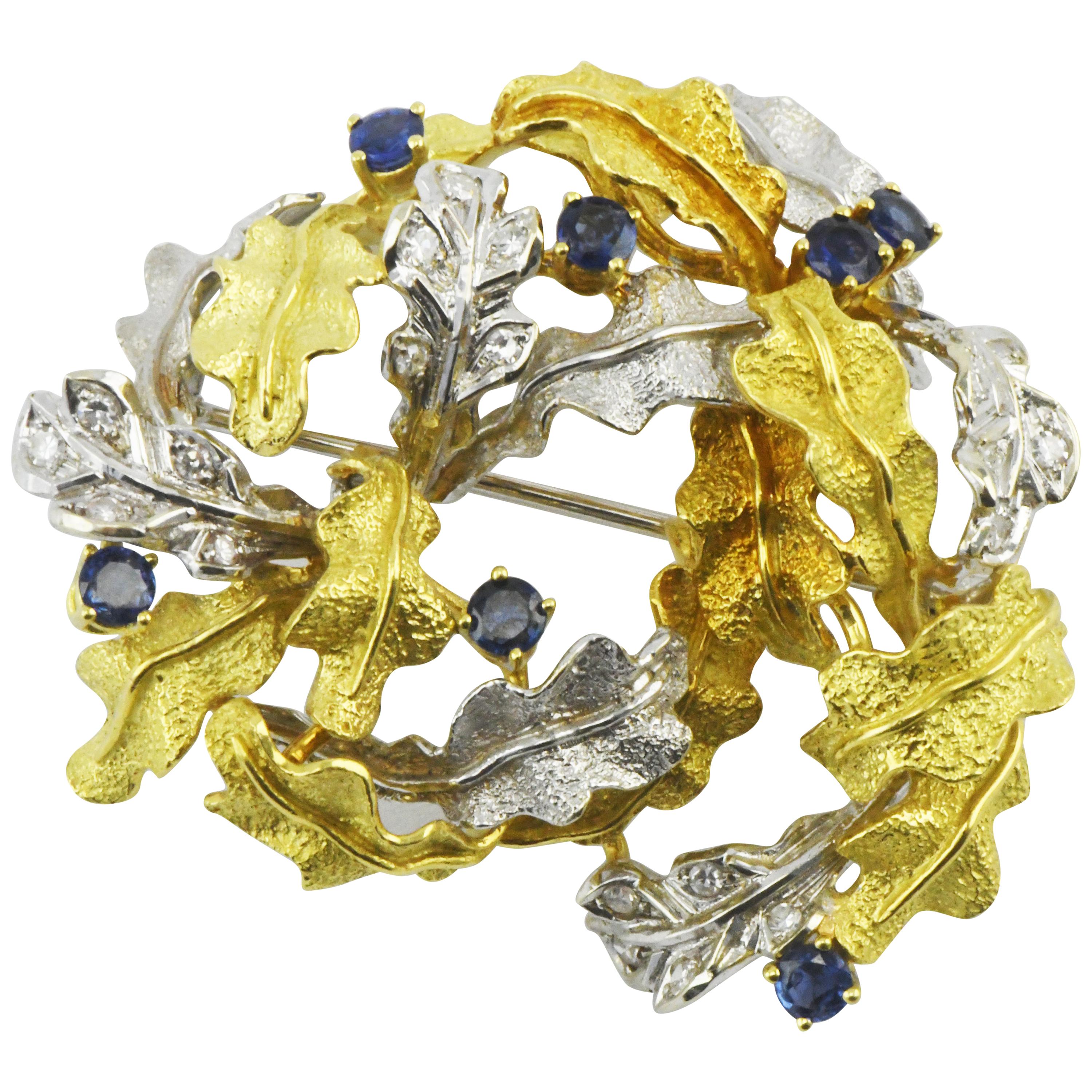 Two-Tone 18 Karat Gold Sapphire and Diamond Leaf Pendant 21 Gram For Sale