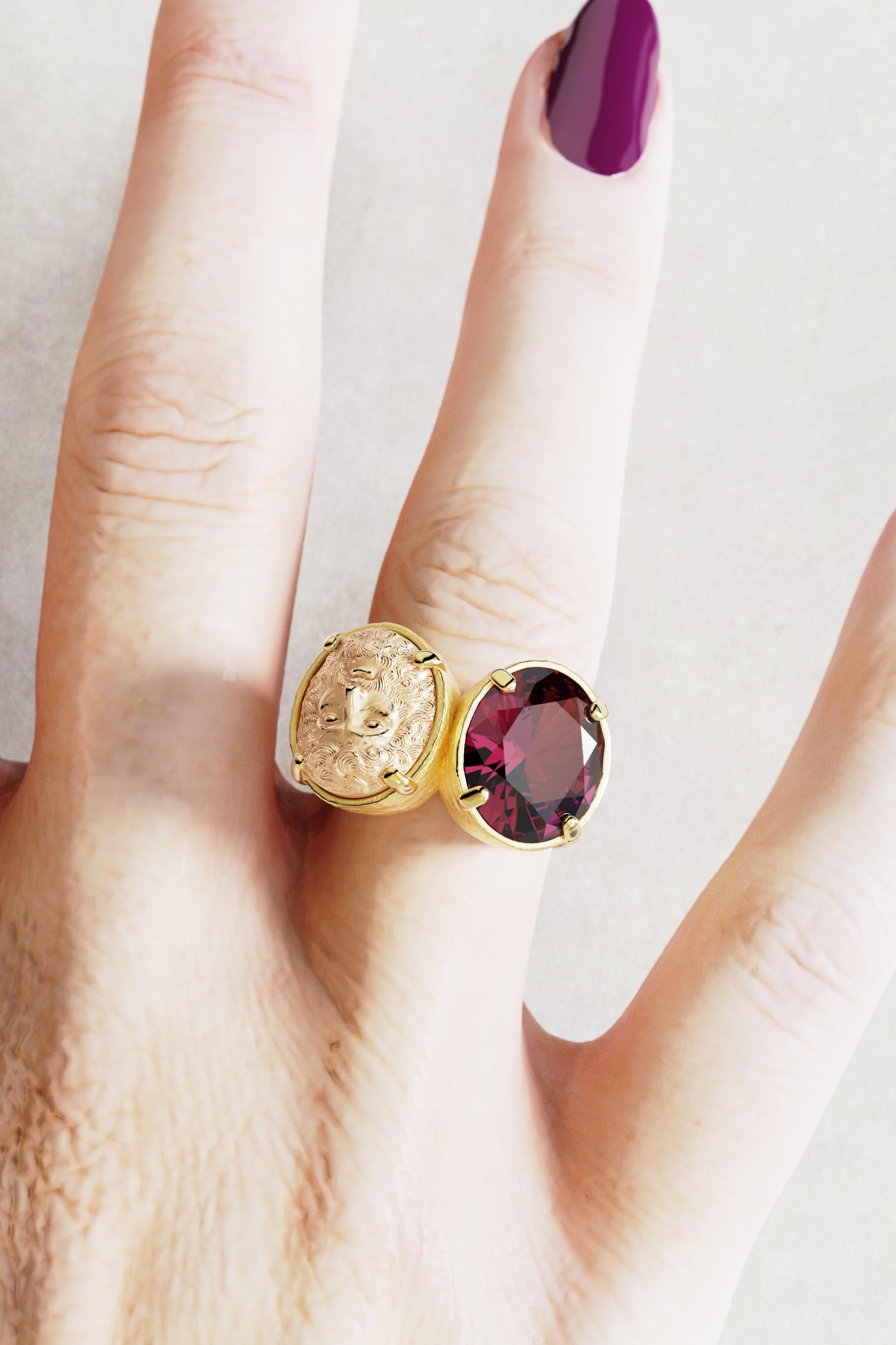 For Sale:  Two-Tone 18k Gold Statement Ring with Rhodolite Garnet and Jupiter Face 10