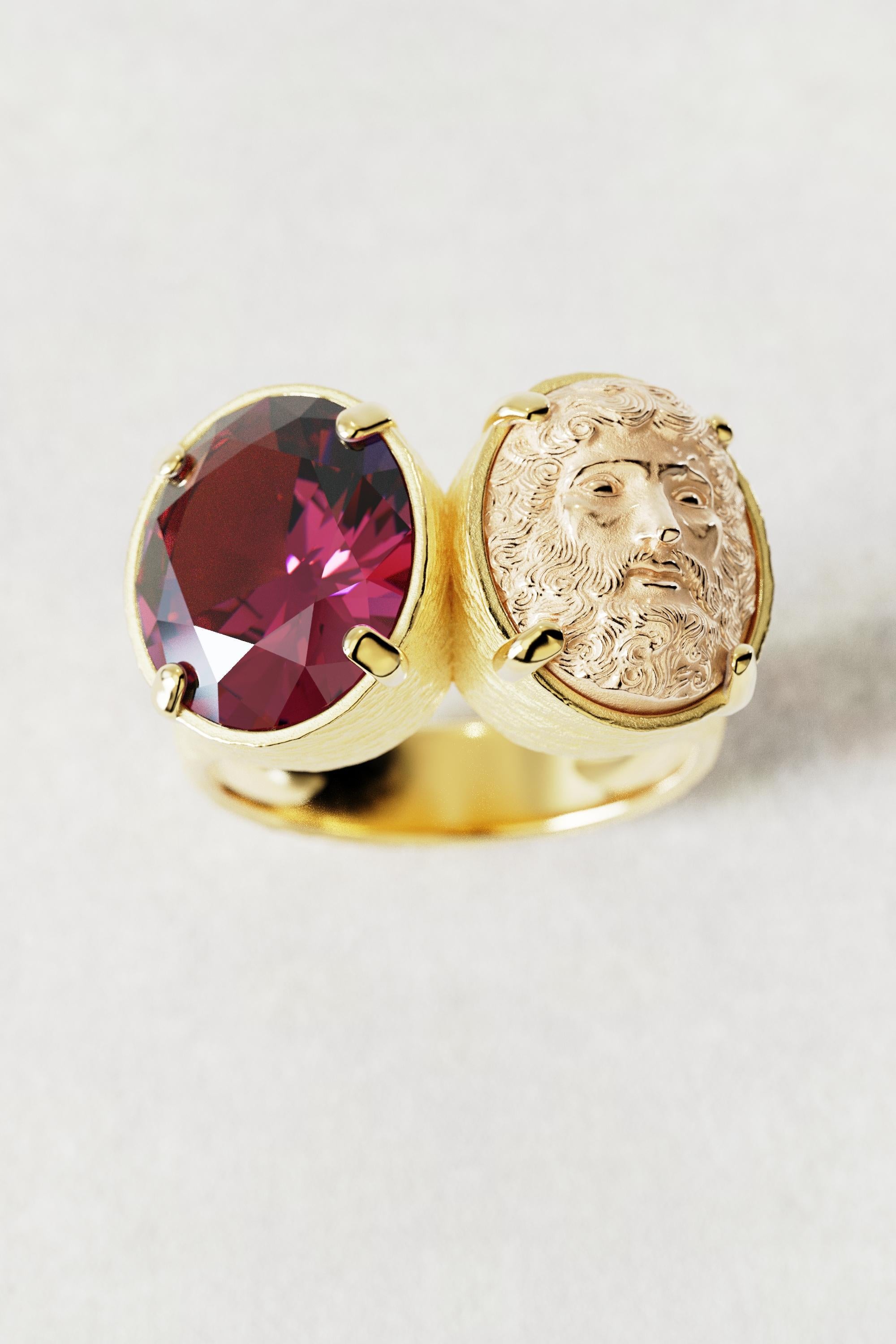 For Sale:  Two-Tone 18k Gold Statement Ring with Rhodolite Garnet and Jupiter Face 11