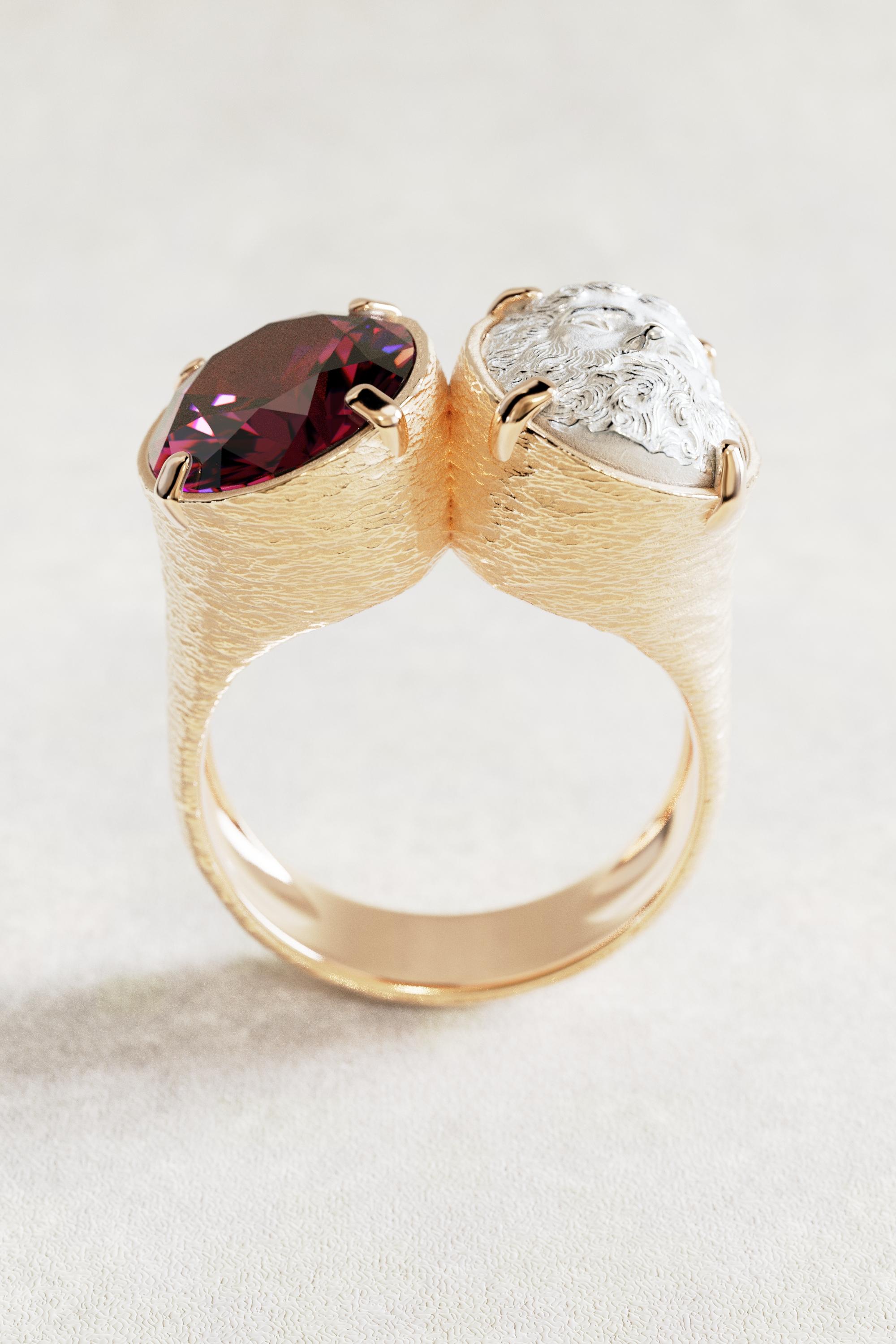 For Sale:  Two-Tone 18k Gold Statement Ring with Rhodolite Garnet and Jupiter Face 14