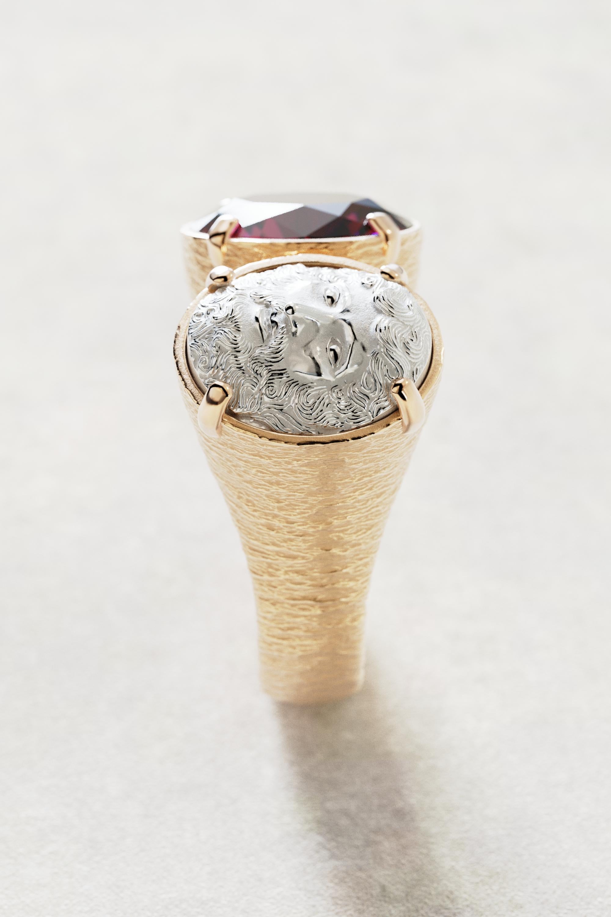 For Sale:  Two-Tone 18k Gold Statement Ring with Rhodolite Garnet and Jupiter Face 15