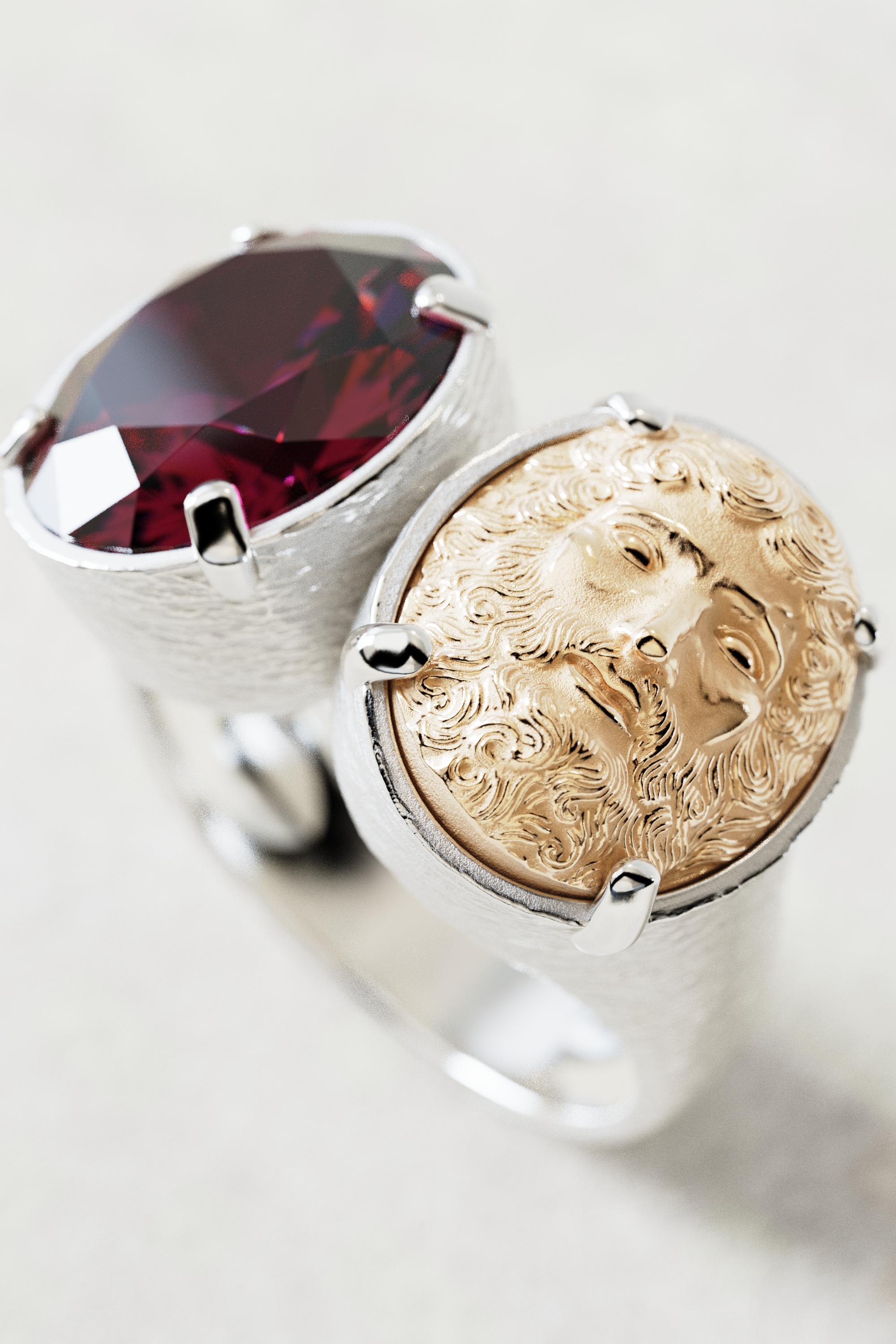 For Sale:  Two-Tone 18k Gold Statement Ring with Rhodolite Garnet and Jupiter Face 16