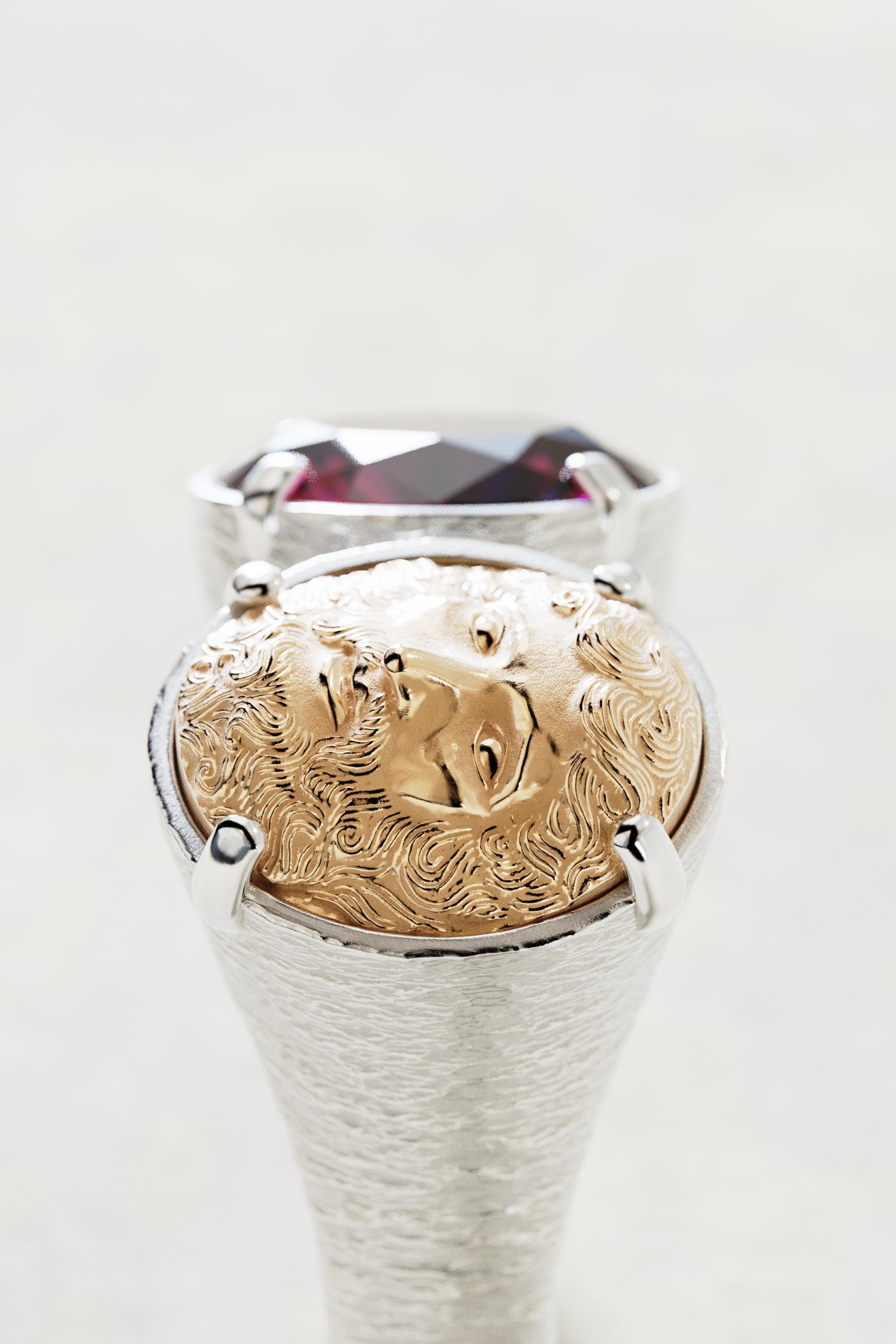For Sale:  Two-Tone 18k Gold Statement Ring with Rhodolite Garnet and Jupiter Face 18