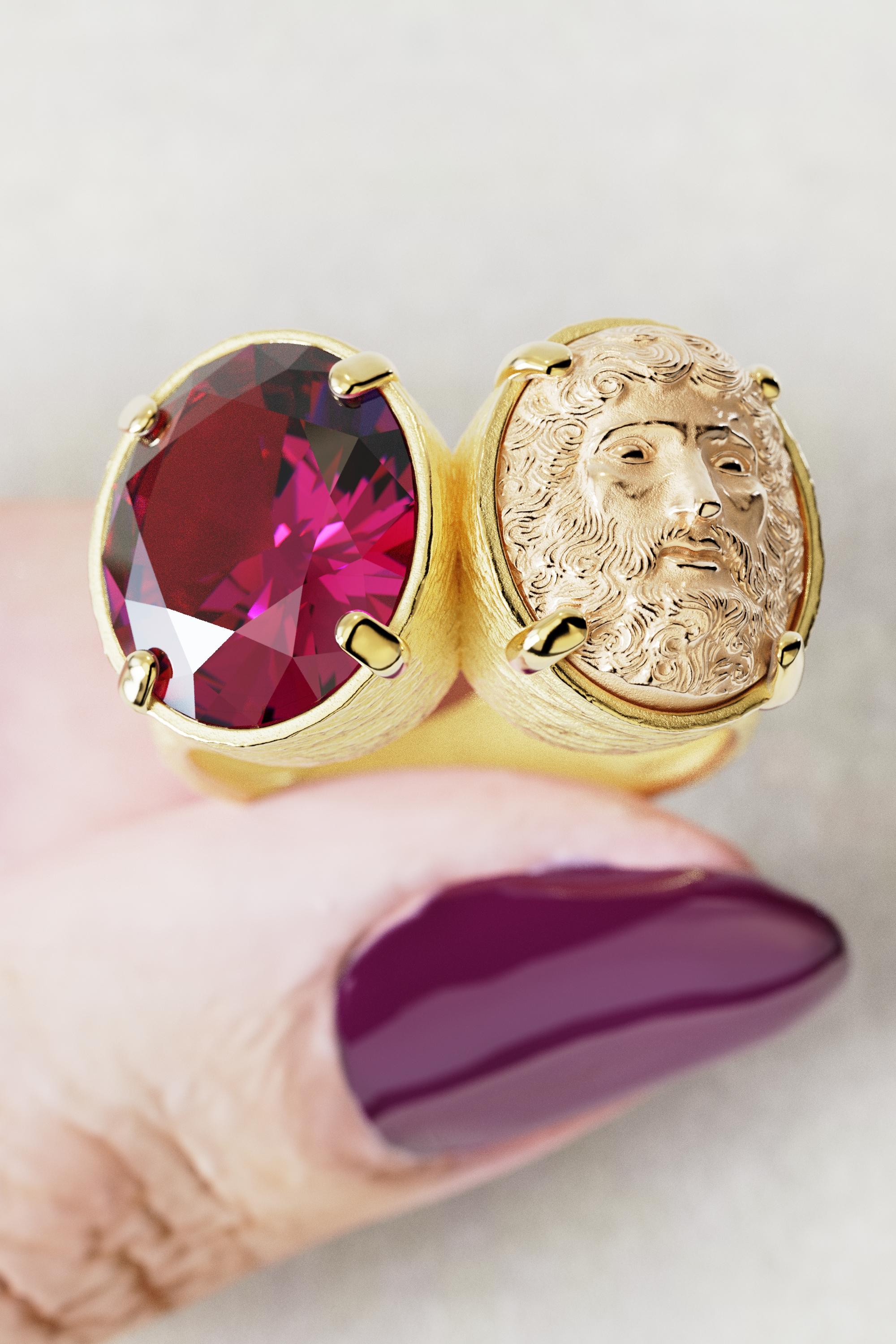 For Sale:  Two-Tone 18k Gold Statement Ring with Rhodolite Garnet and Jupiter Face 3