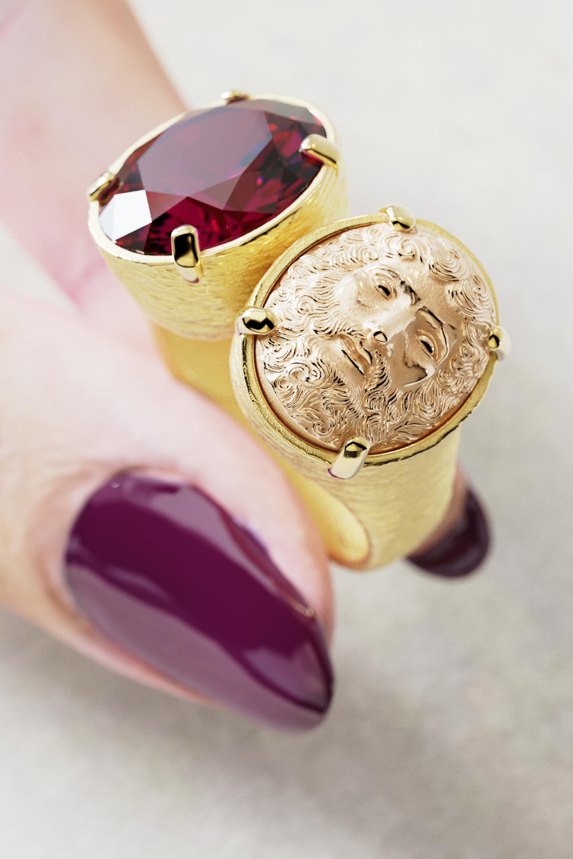 For Sale:  Two-Tone 18k Gold Statement Ring with Rhodolite Garnet and Jupiter Face 4