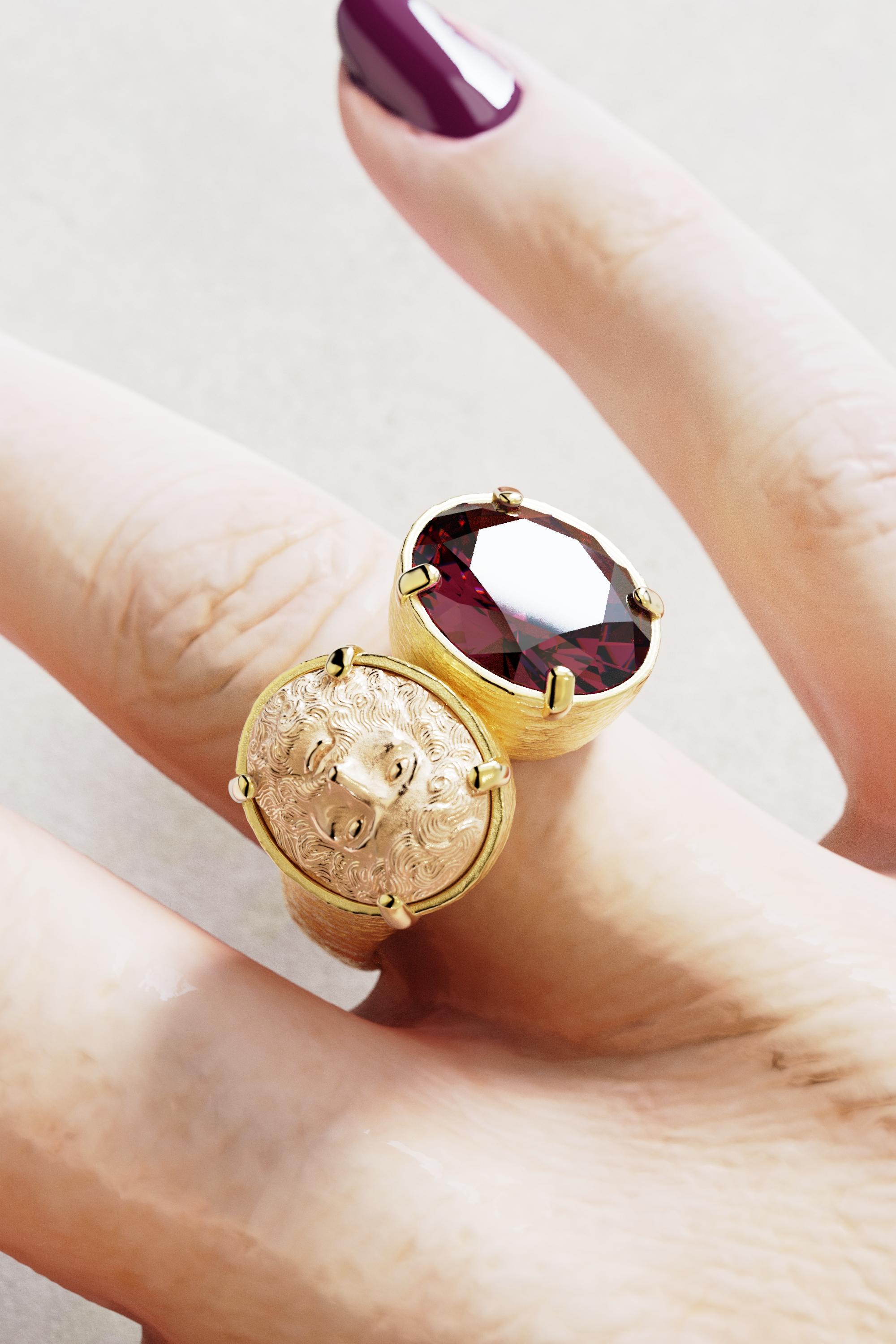 For Sale:  Two-Tone 18k Gold Statement Ring with Rhodolite Garnet and Jupiter Face 7