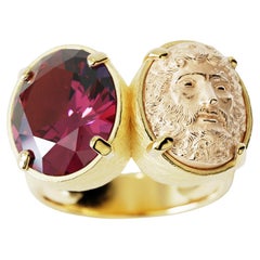 Two-Tone 18k Gold Statement Ring with Rhodolite Garnet and Jupiter Face
