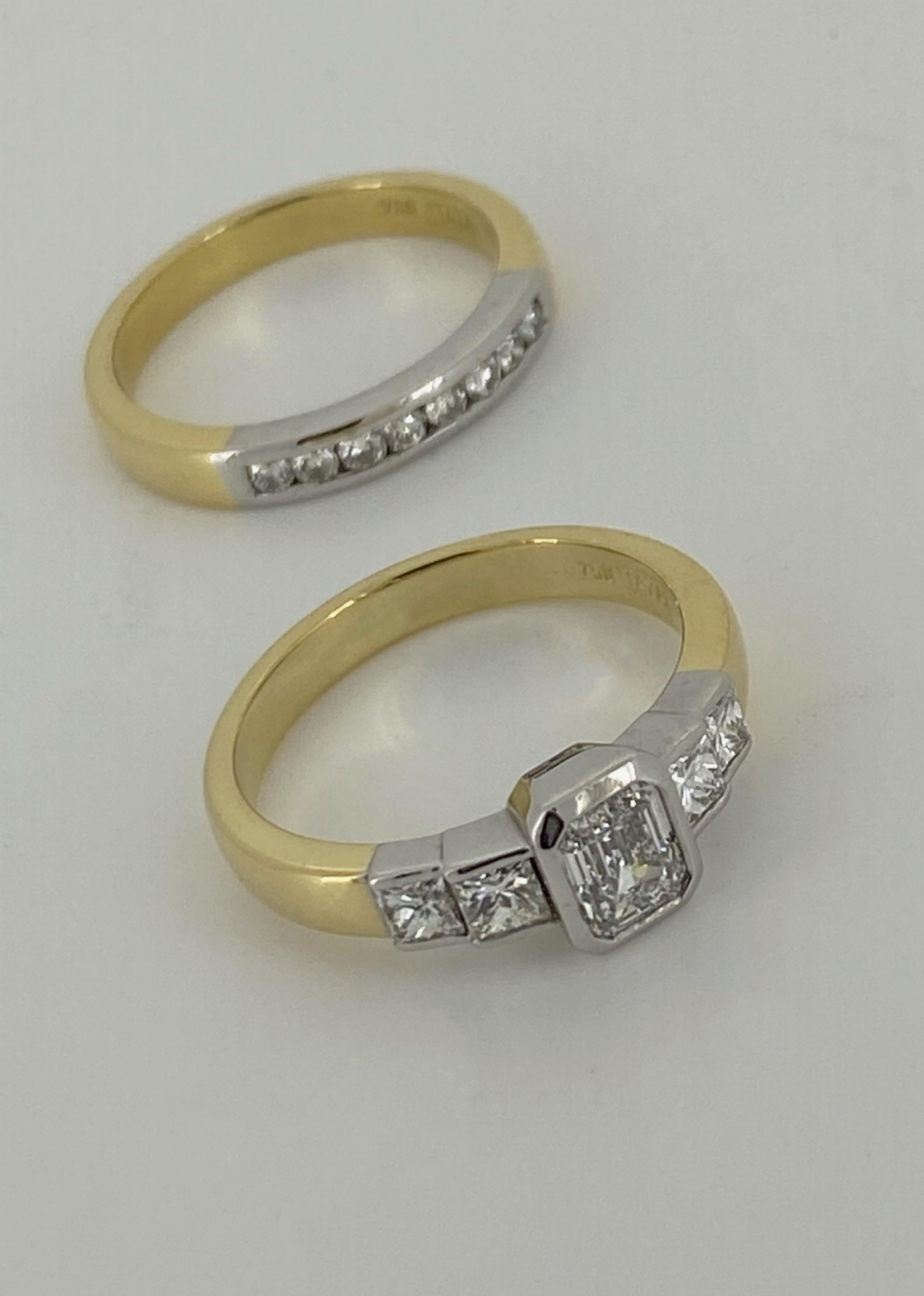 Two-Tone 18K Gold Wedding Set: 1.00ct Emerald Cut Diamond Ring & Diamond Band In Excellent Condition For Sale In MELBOURNE, AU