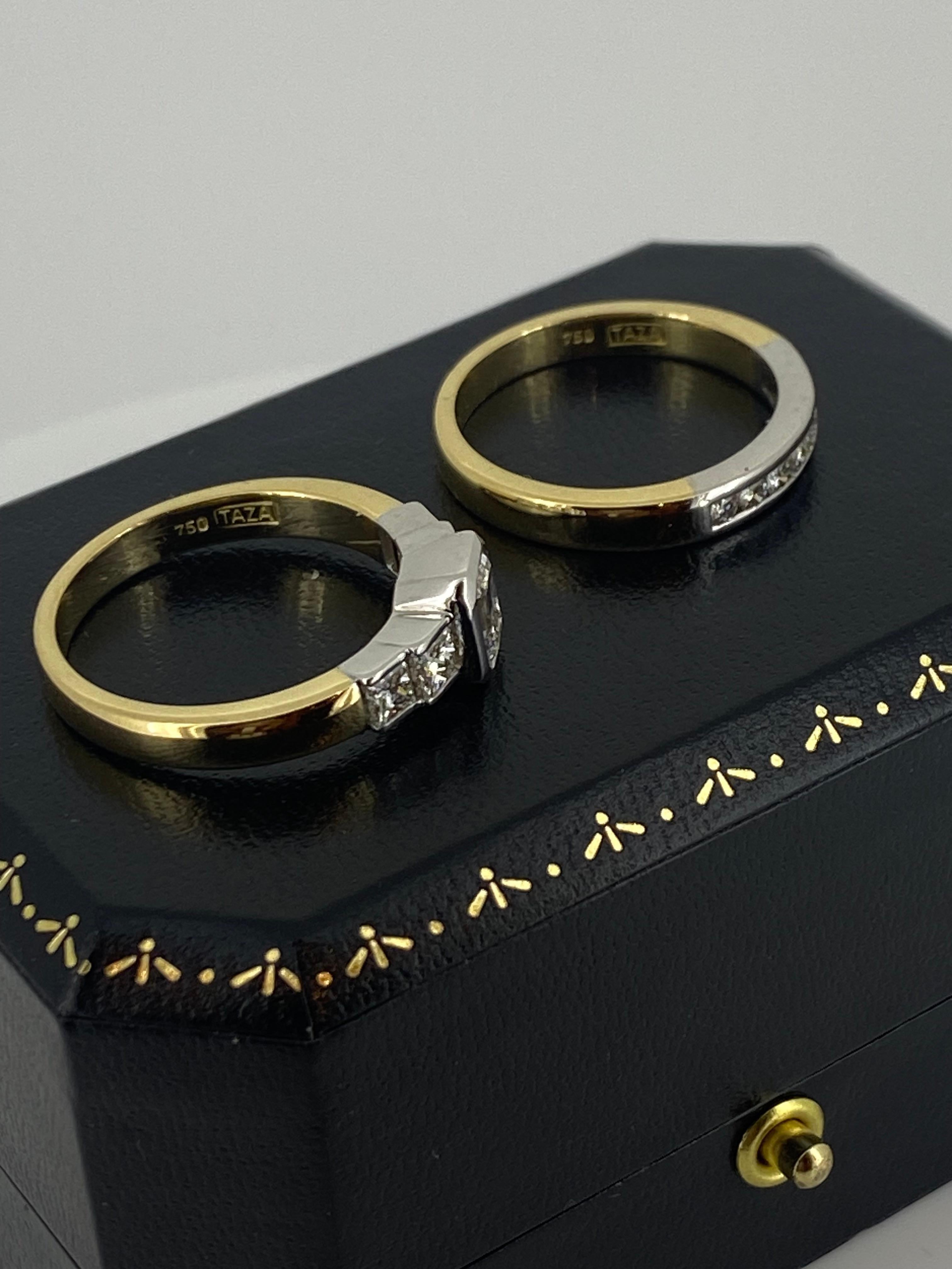 Women's Two-Tone 18K Gold Wedding Set: 1.00ct Emerald Cut Diamond Ring & Diamond Band For Sale