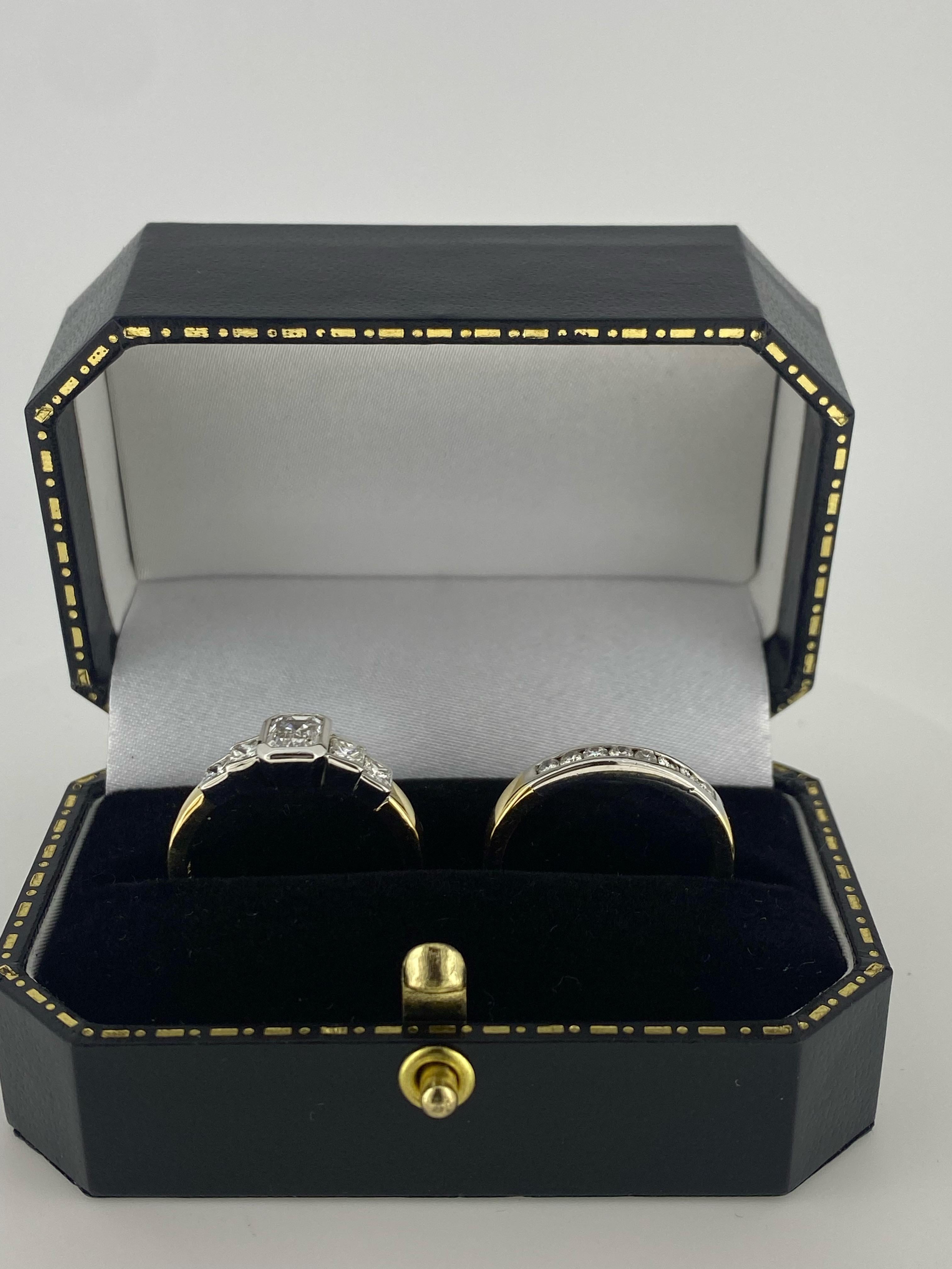 Two-Tone 18K Gold Wedding Set: 1.00ct Emerald Cut Diamond Ring & Diamond Band For Sale 2