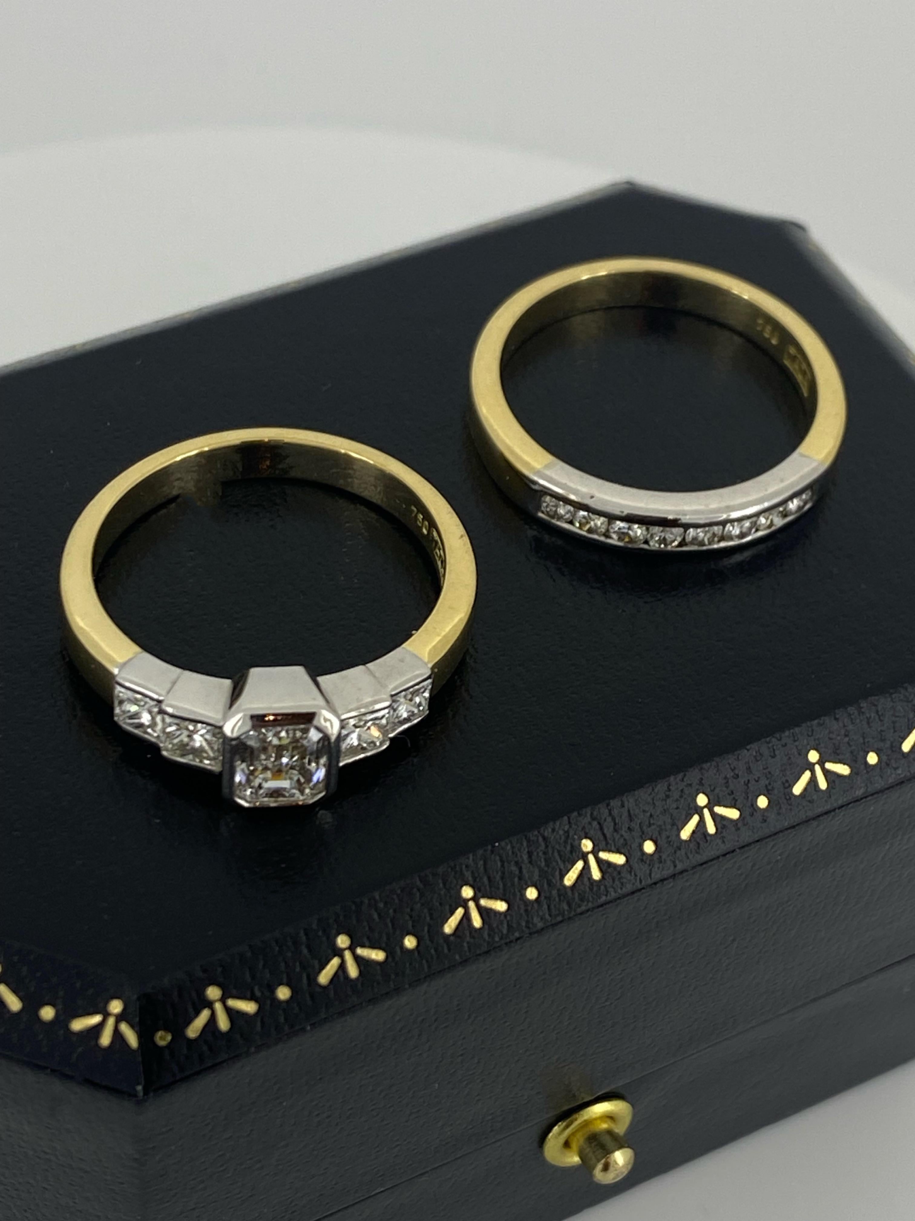 Two-Tone 18K Gold Wedding Set: 1.00ct Emerald Cut Diamond Ring & Diamond Band For Sale 3