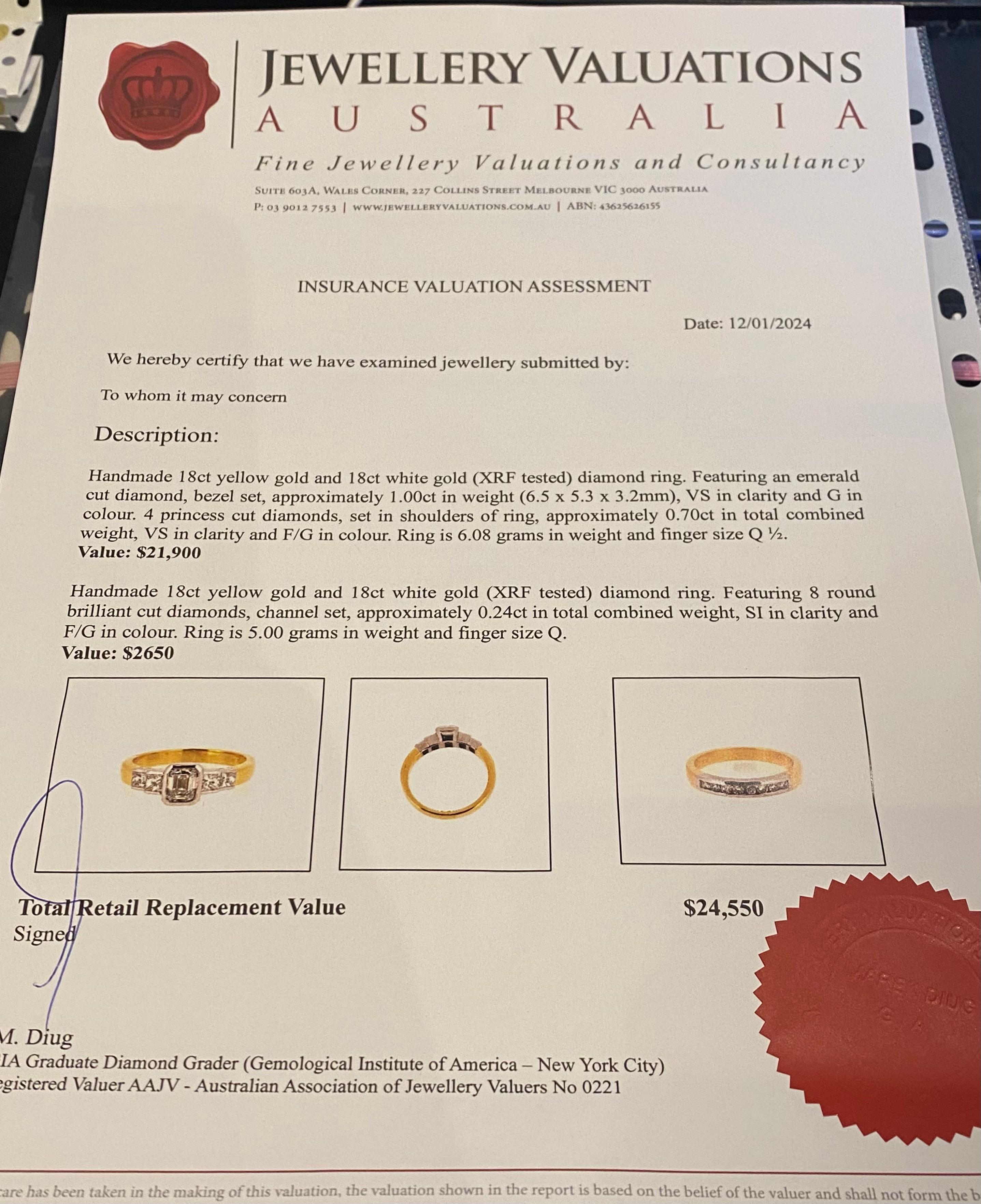Ensemble de mariage bicolore : bague et anneau en or 18 carats avec diamant taille émeraude de 1,00 carat en vente 3