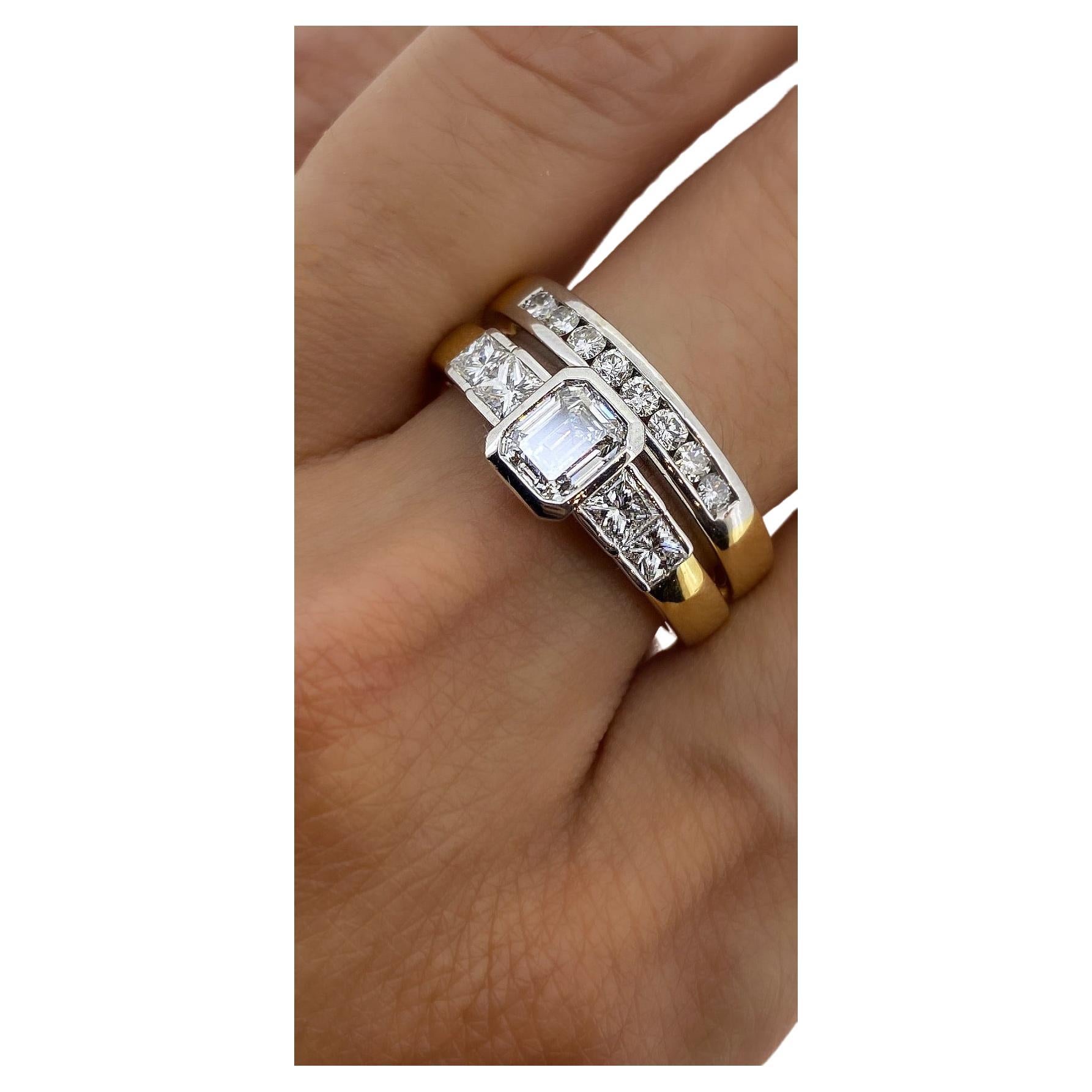 Two-Tone 18K Gold Wedding Set: 1.00ct Emerald Cut Diamond Ring & Diamond Band For Sale