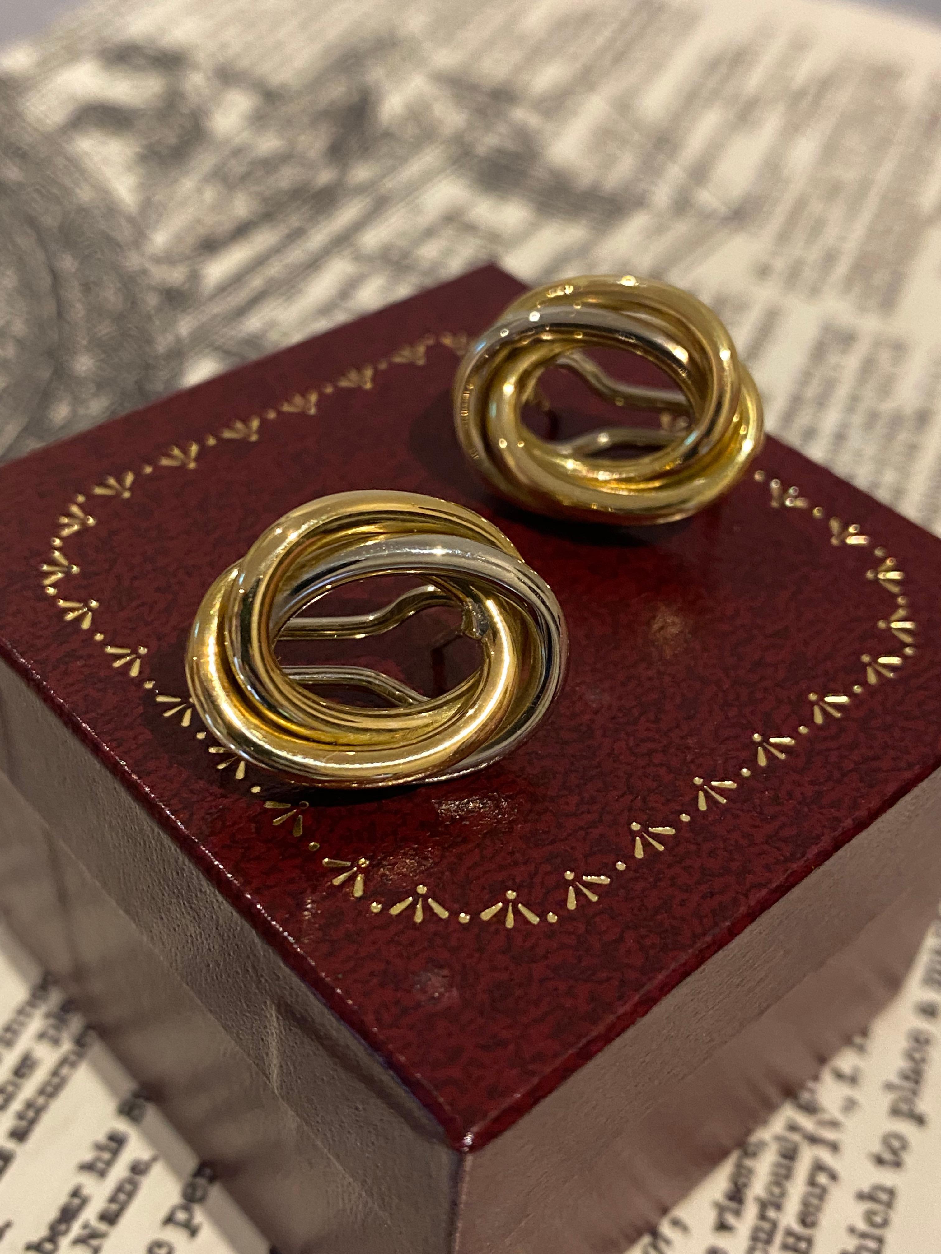 Modern Two-Tone 18K White Yellow Gold Italian Double Oval Shaped Earrings, Omega Backs.