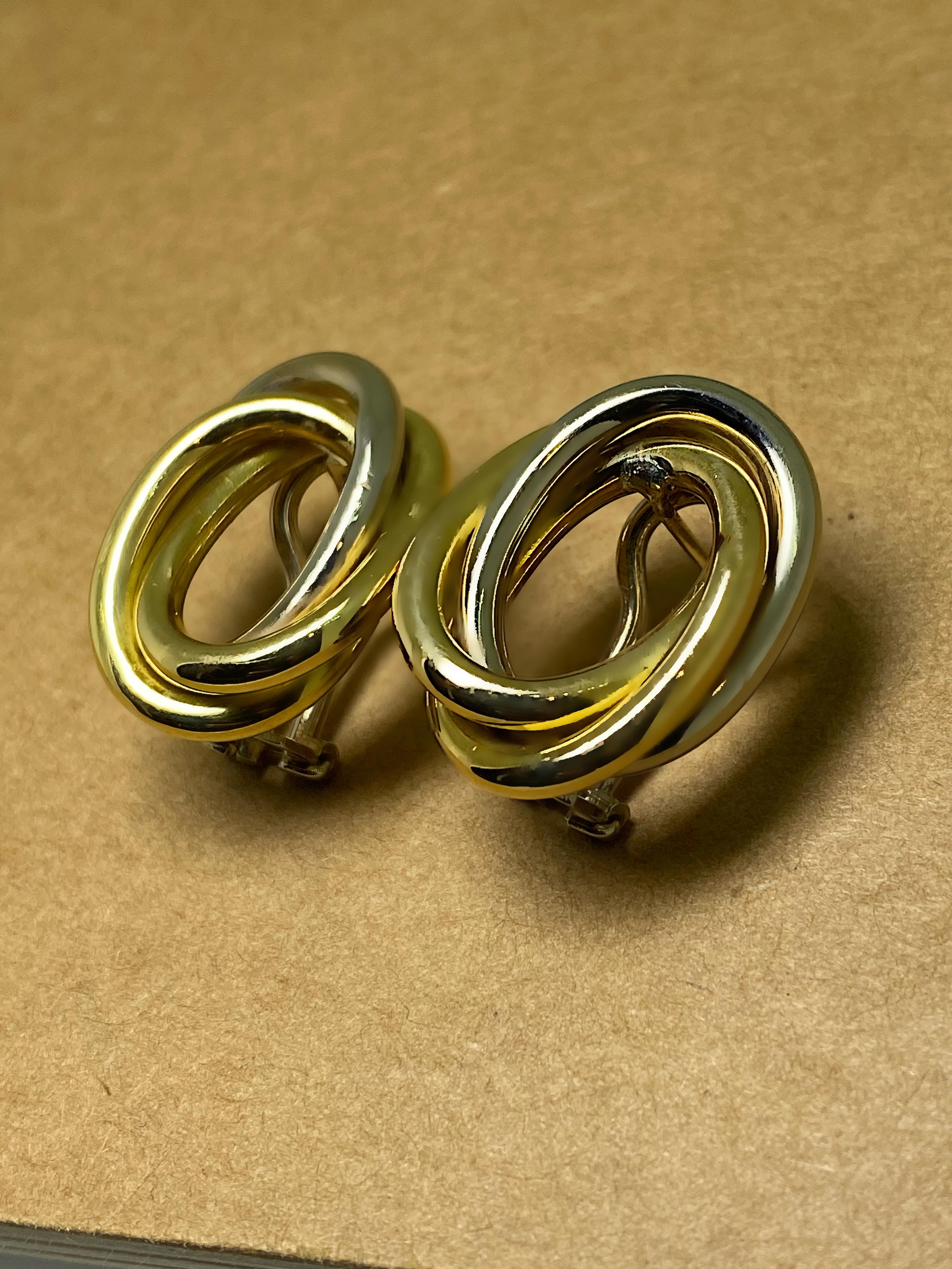 Women's Two-Tone 18K White Yellow Gold Italian Double Oval Shaped Earrings, Omega Backs.