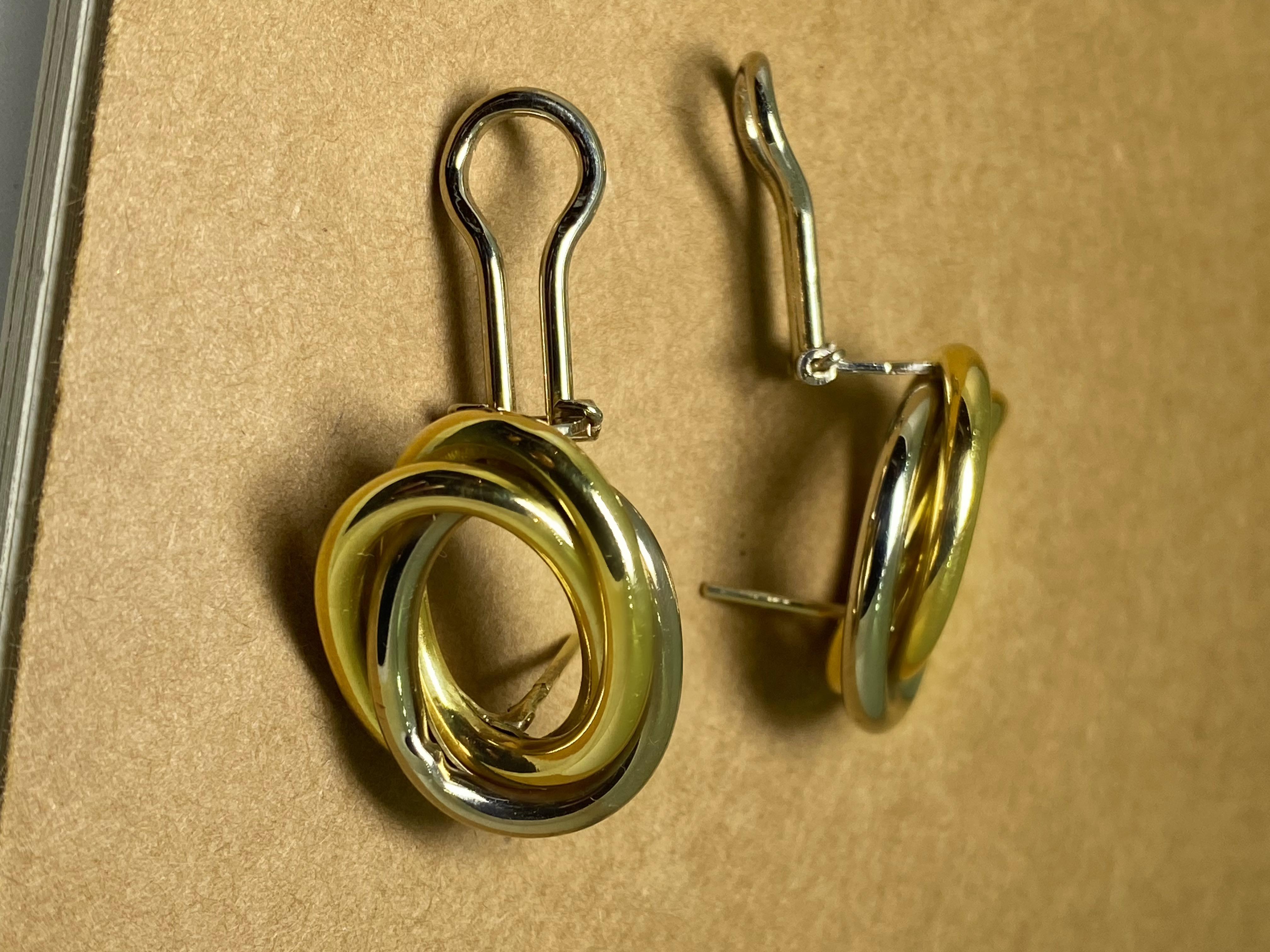 Two-Tone 18K White Yellow Gold Italian Double Oval Shaped Earrings, Omega Backs. 1