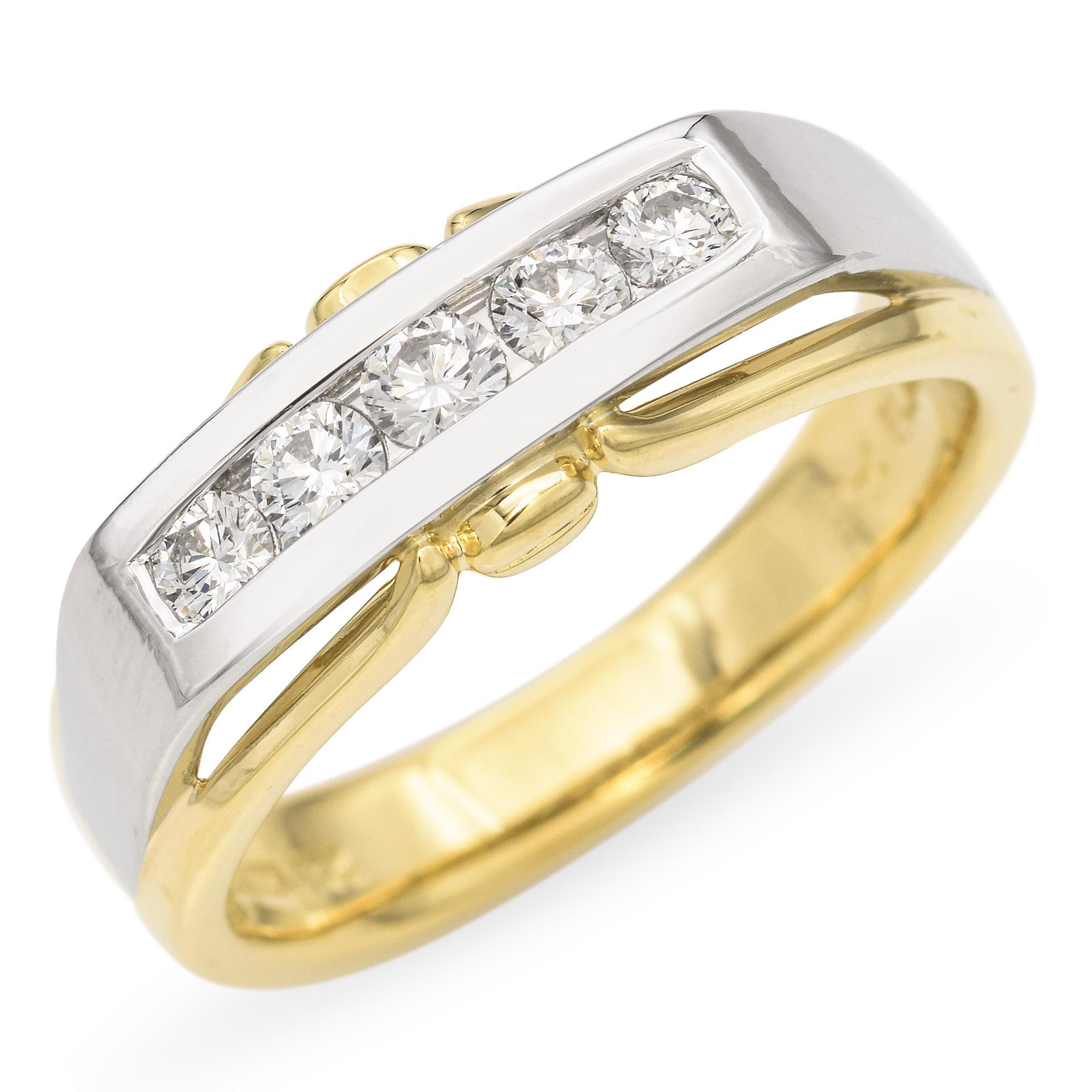 Cette bague à deux tons présente un mélange élégant de jaune 18 carats et de platine pour un look à la fois moderne et intemporel. Les métaux contrastés créent un design audacieux et sophistiqué aux lignes épurées et à l'élégance subtile. Parfait