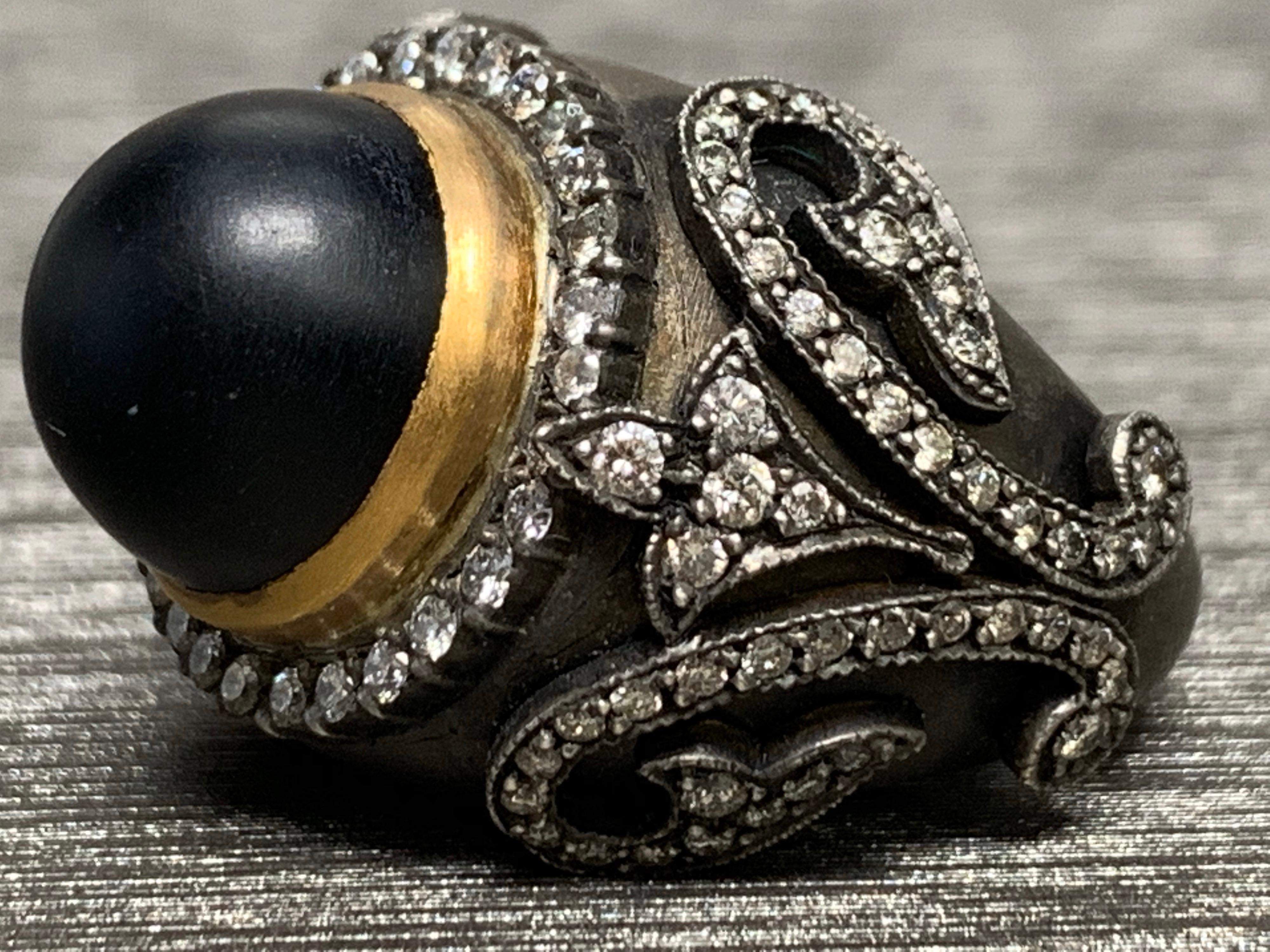 Art Deco Cabochon Black Onyx, White Diamond Ring For Sale