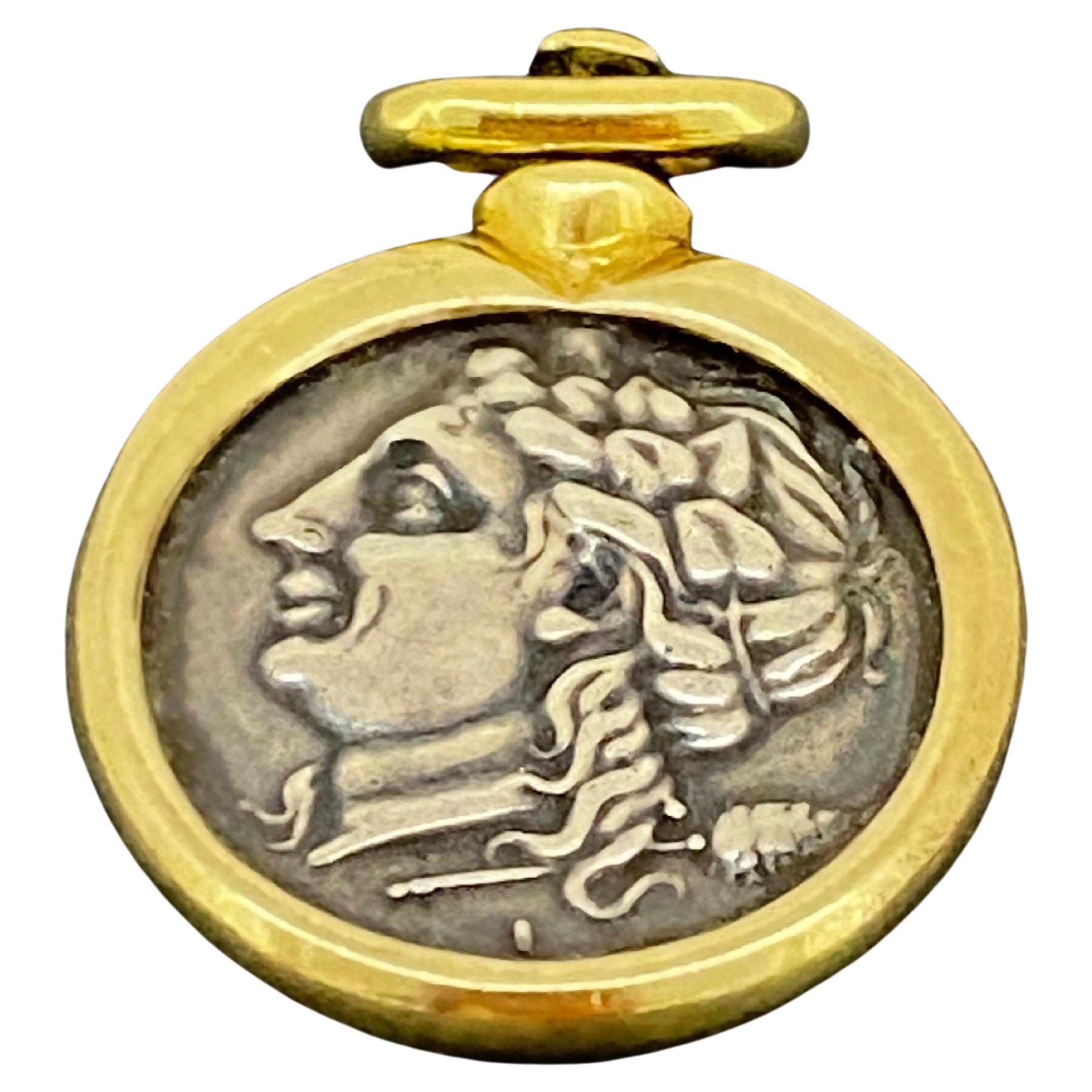 Two-Tone 18K Yellow Gold Large Ancient Greek Coin Pendant For Sale