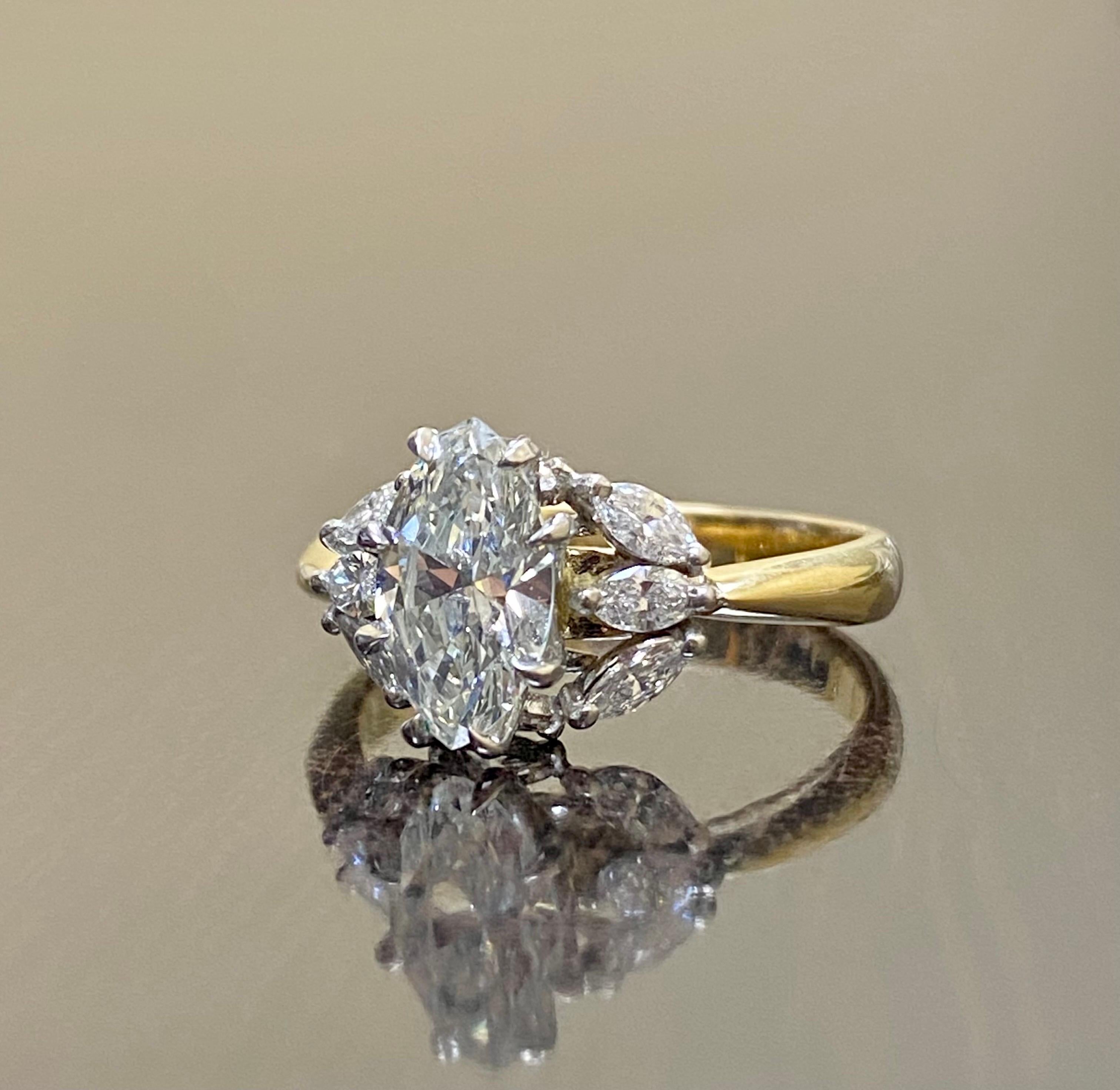 Art déco Bague en or jaune 18 carats et platine avec diamant marquise de 2,01 carats certifié GIA en vente
