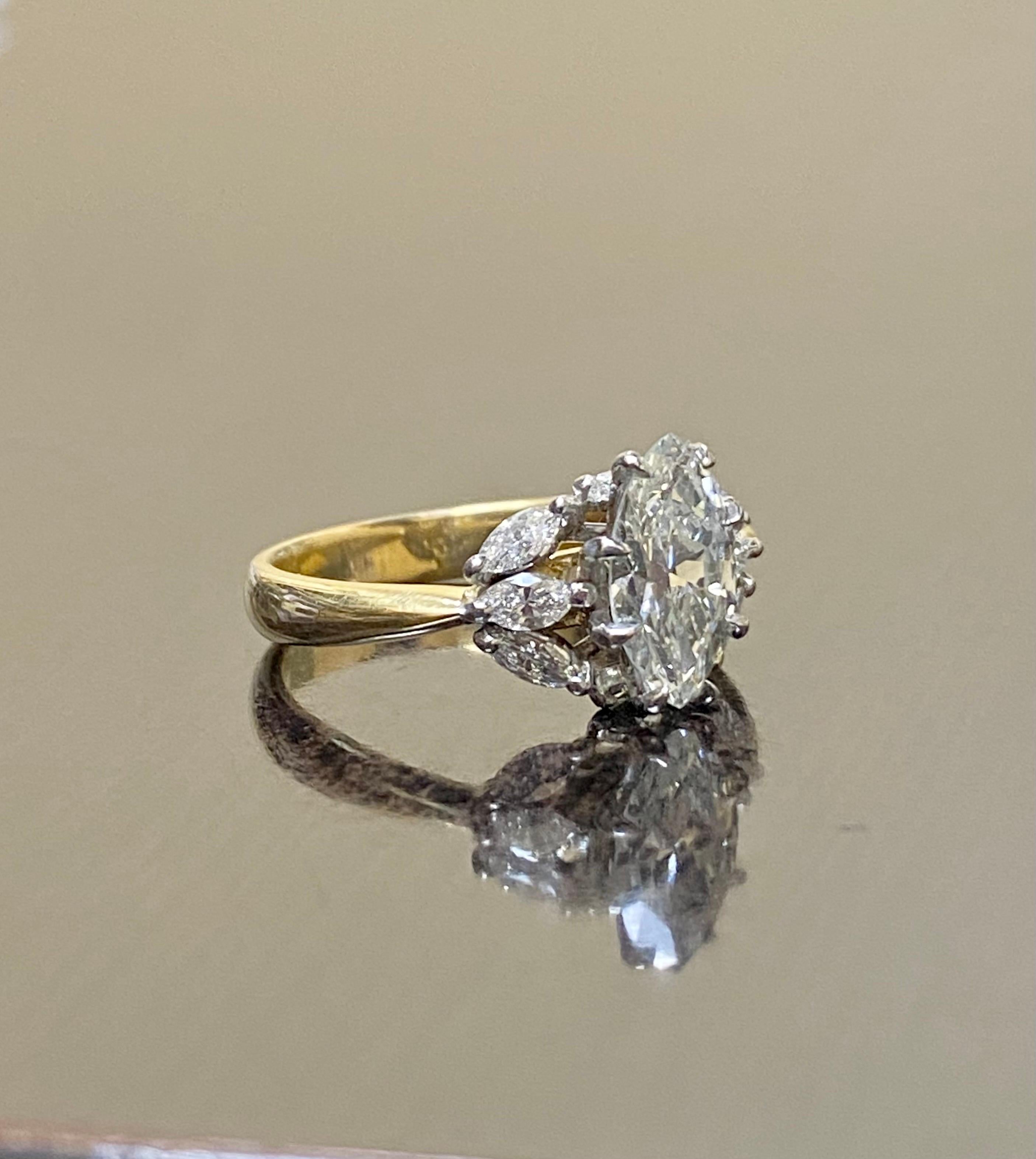 Marquise Cut Two Tone 18K Yellow Gold Platinum GIA Certified 2.01 Carat Marquise Diamond Ring For Sale